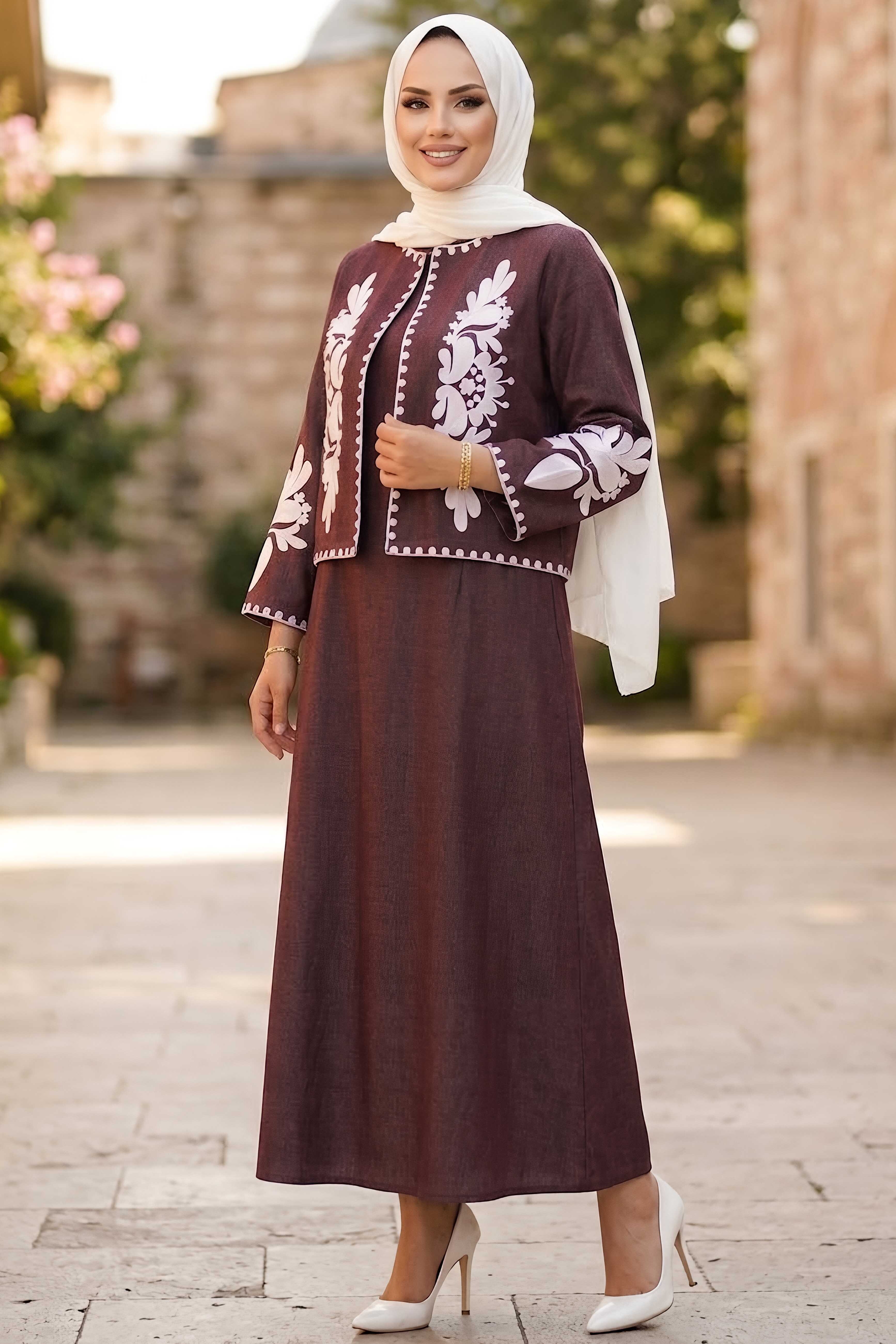 Nakışlı Ceket Elbise Kot İkili Takım Bordo - 28827-BORDO - 1