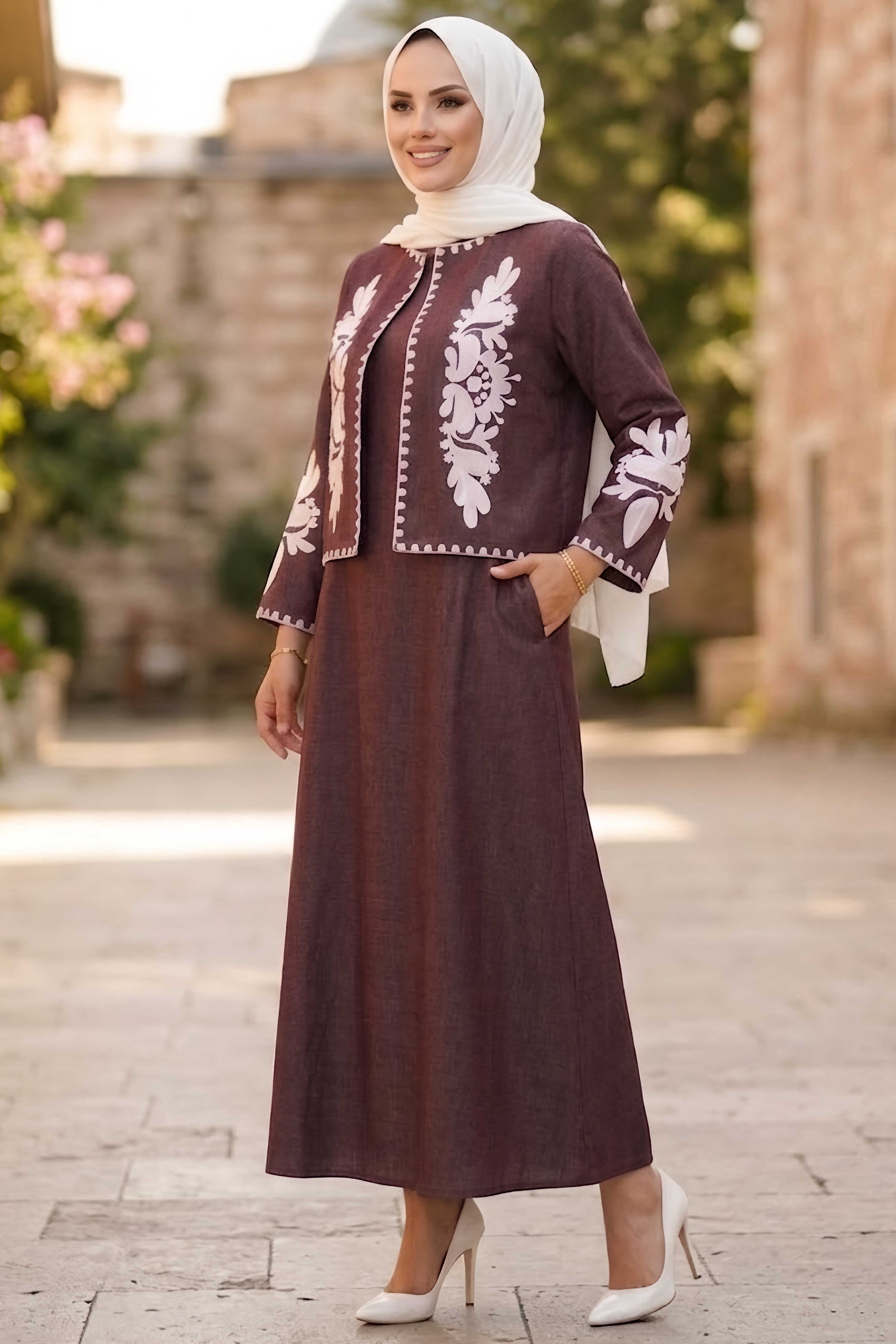 Nakışlı Ceket Elbise Kot İkili Takım Bordo - 28827-BORDO - 2