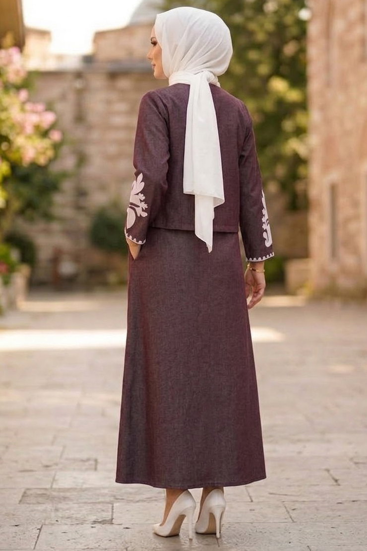 Nakışlı Ceket Elbise Kot İkili Takım Bordo - 28827-BORDO - 4