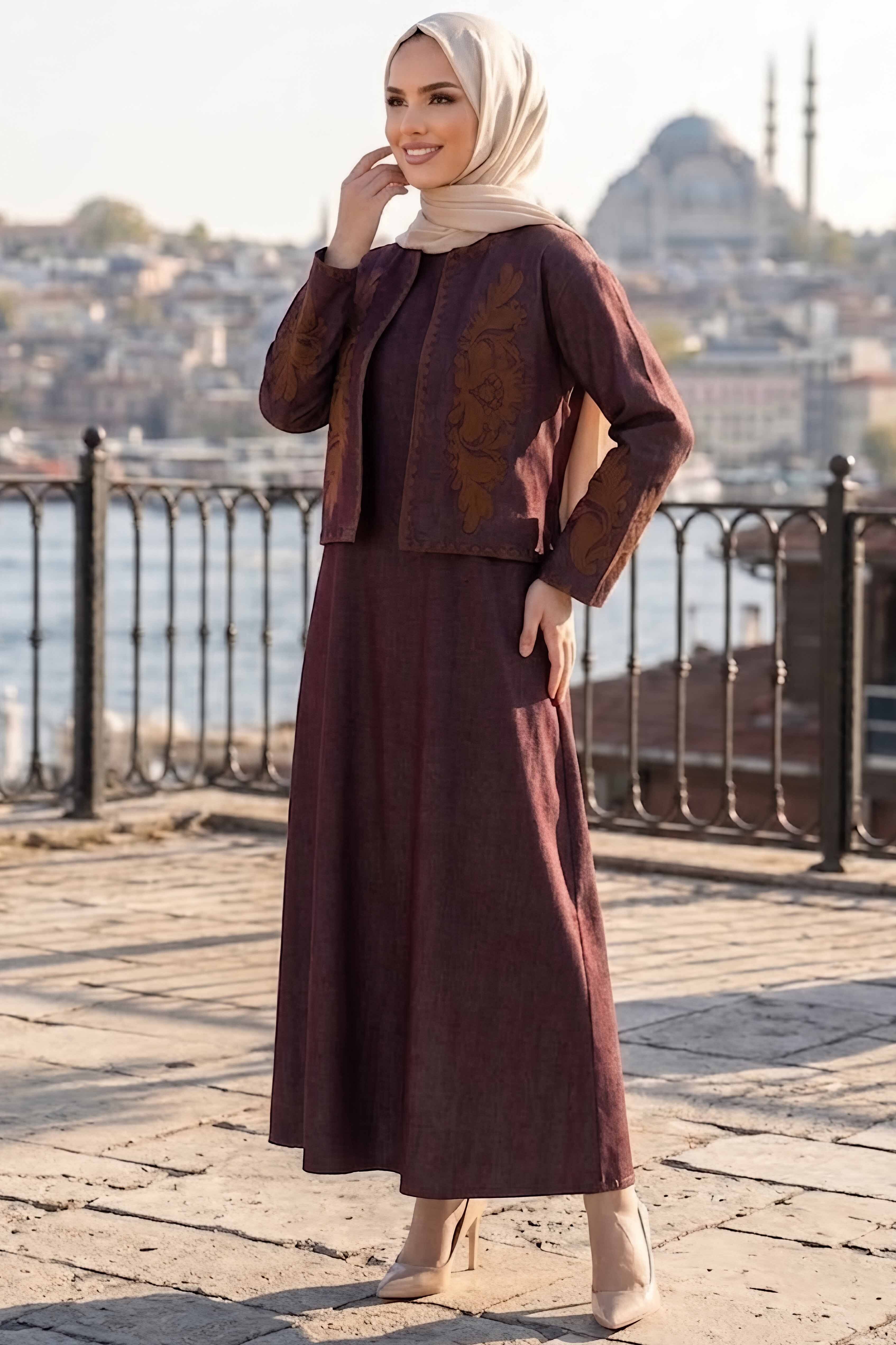 Nakışlı Ceket Elbise Kot İkili Takım Bordo Kahve - 28827-BORDO-KAHVE - 1