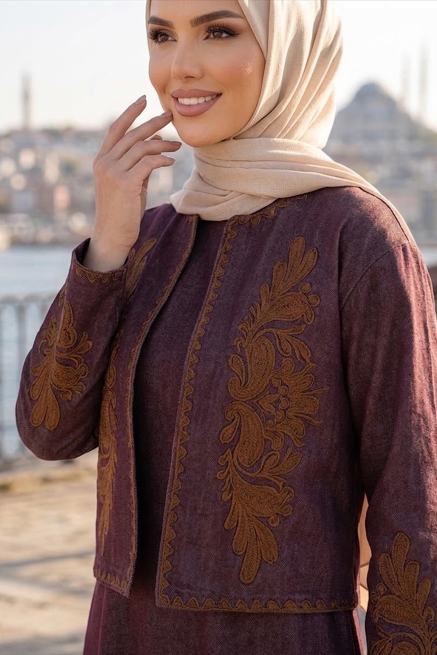 Nakışlı Ceket Elbise Kot İkili Takım Bordo Kahve - 28827-BORDO-KAHVE - 3