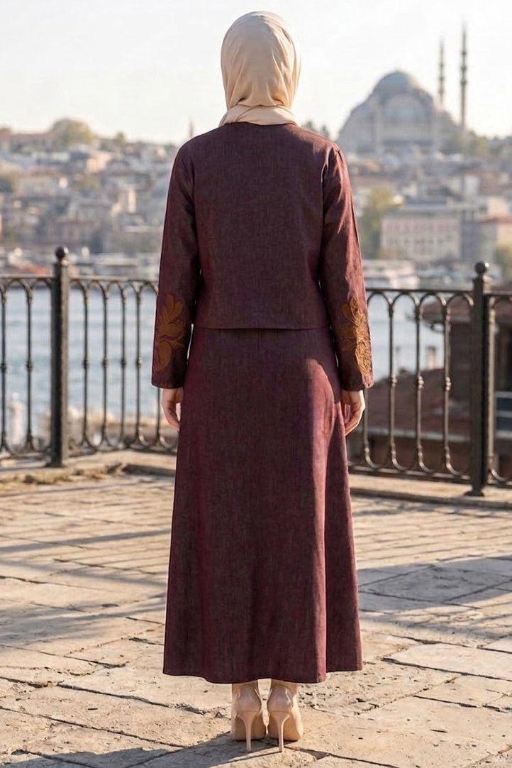 Nakışlı Ceket Elbise Kot İkili Takım Bordo Kahve - 28827-BORDO-KAHVE - 4