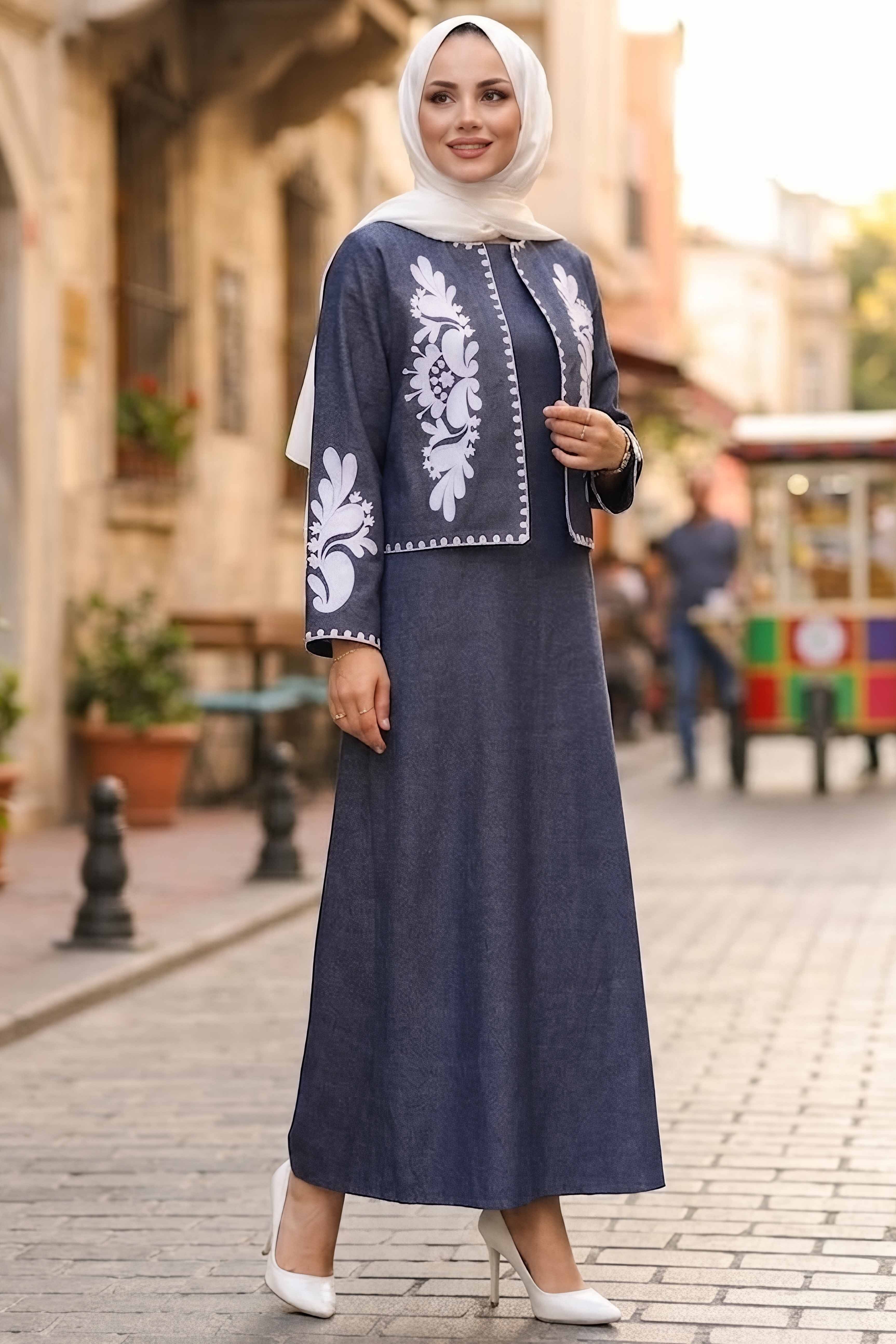 Nakışlı Ceket Elbise Kot İkili Takım Lacivert Beyaz - 28827-LACIVERT-BEYAZ - 2