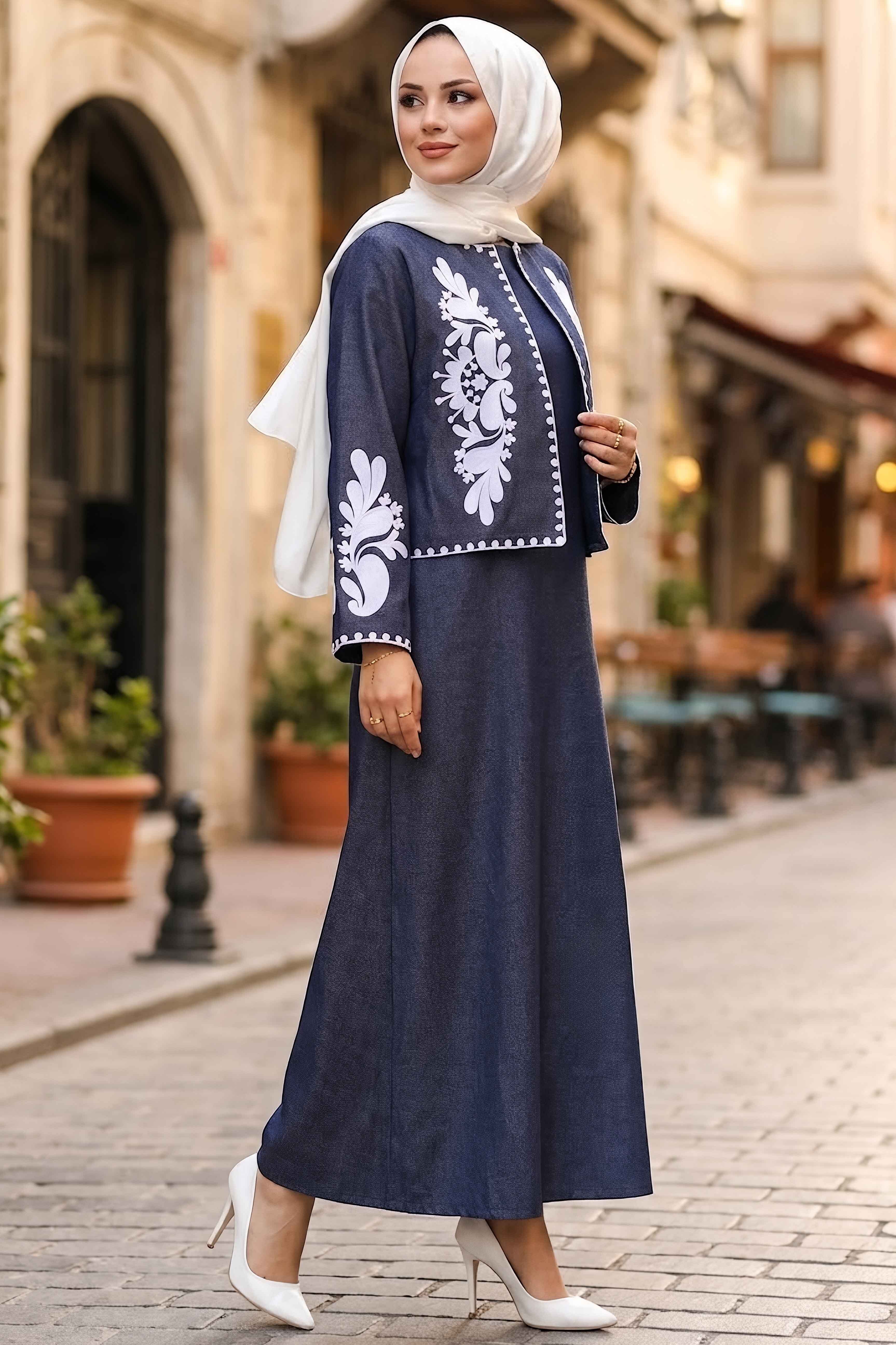 Nakışlı Ceket Elbise Kot İkili Takım Lacivert Beyaz - 28827-LACIVERT-BEYAZ - 1