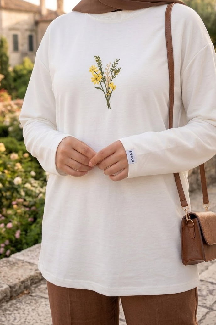 Nakışlı Detaylı Modal Tunik Beyaz - 28864-BEYAZ - 3