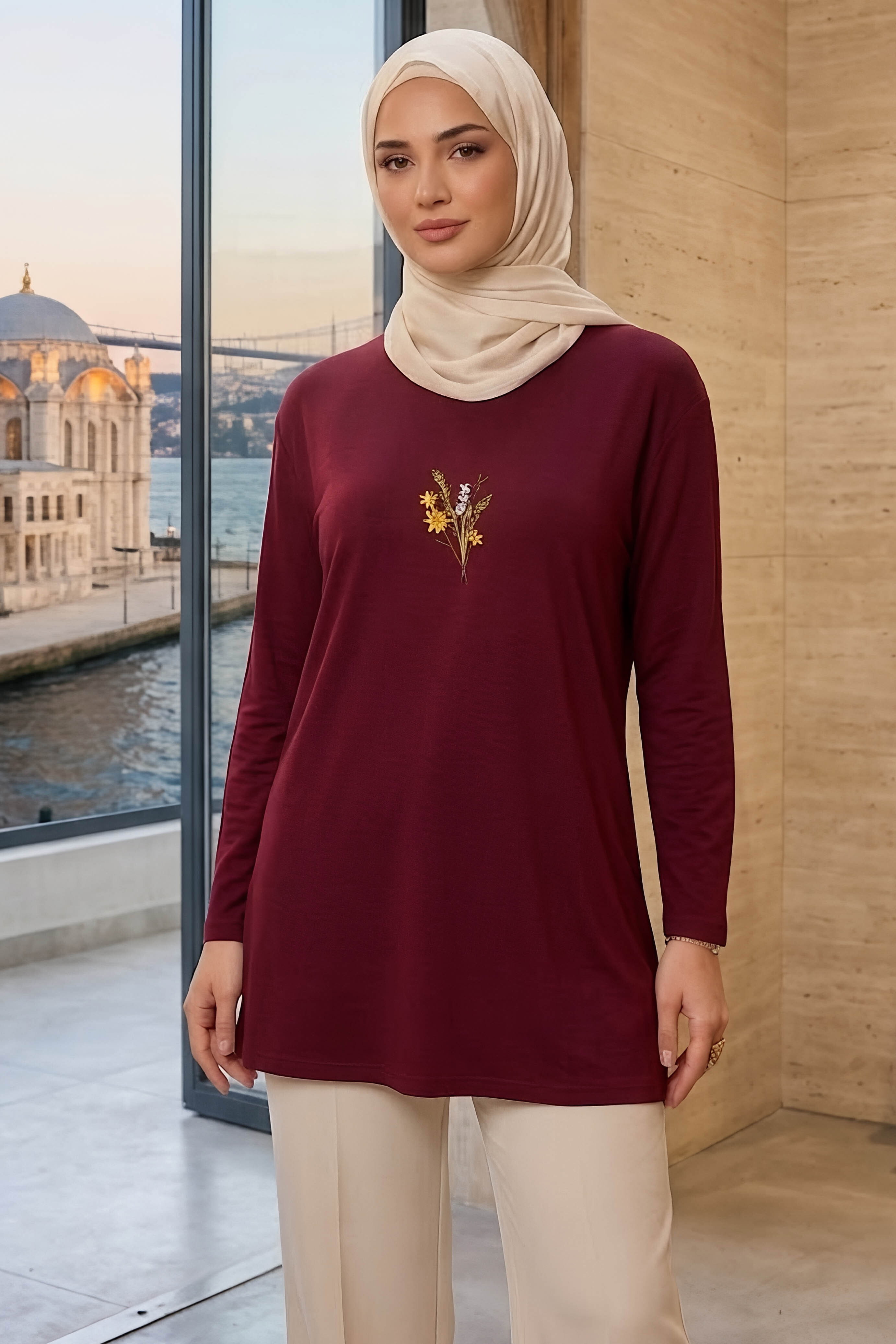 Nakışlı Detaylı Modal Tunik Bordo - 28864-BORDO - 1