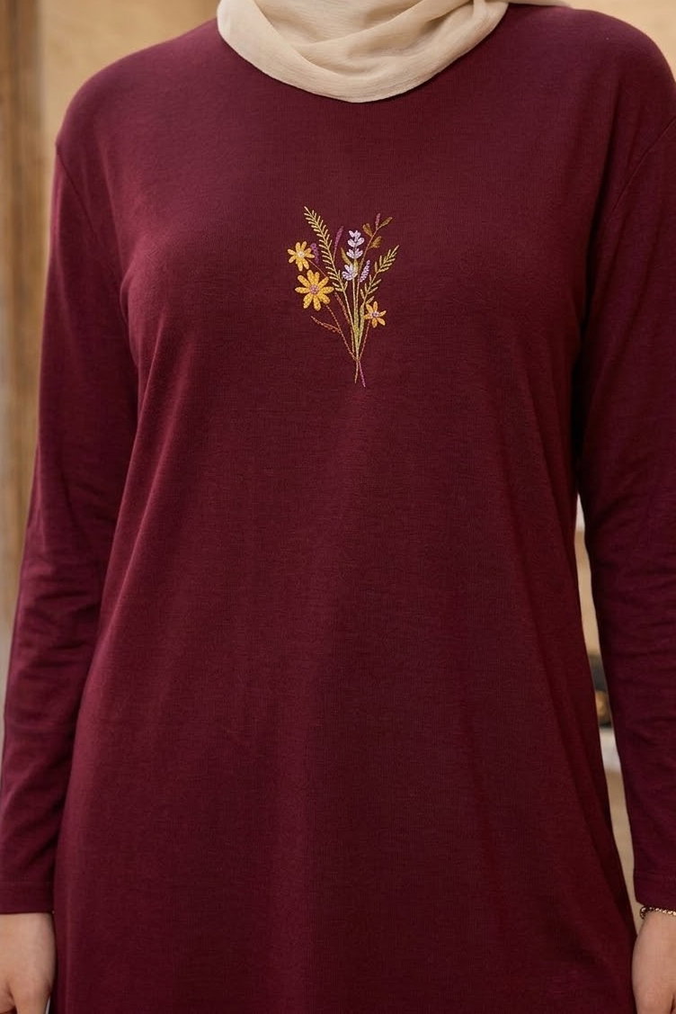 Nakışlı Detaylı Modal Tunik Bordo - 28864-BORDO - 2