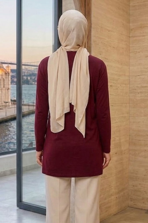 Nakışlı Detaylı Modal Tunik Bordo - 28864-BORDO - 3