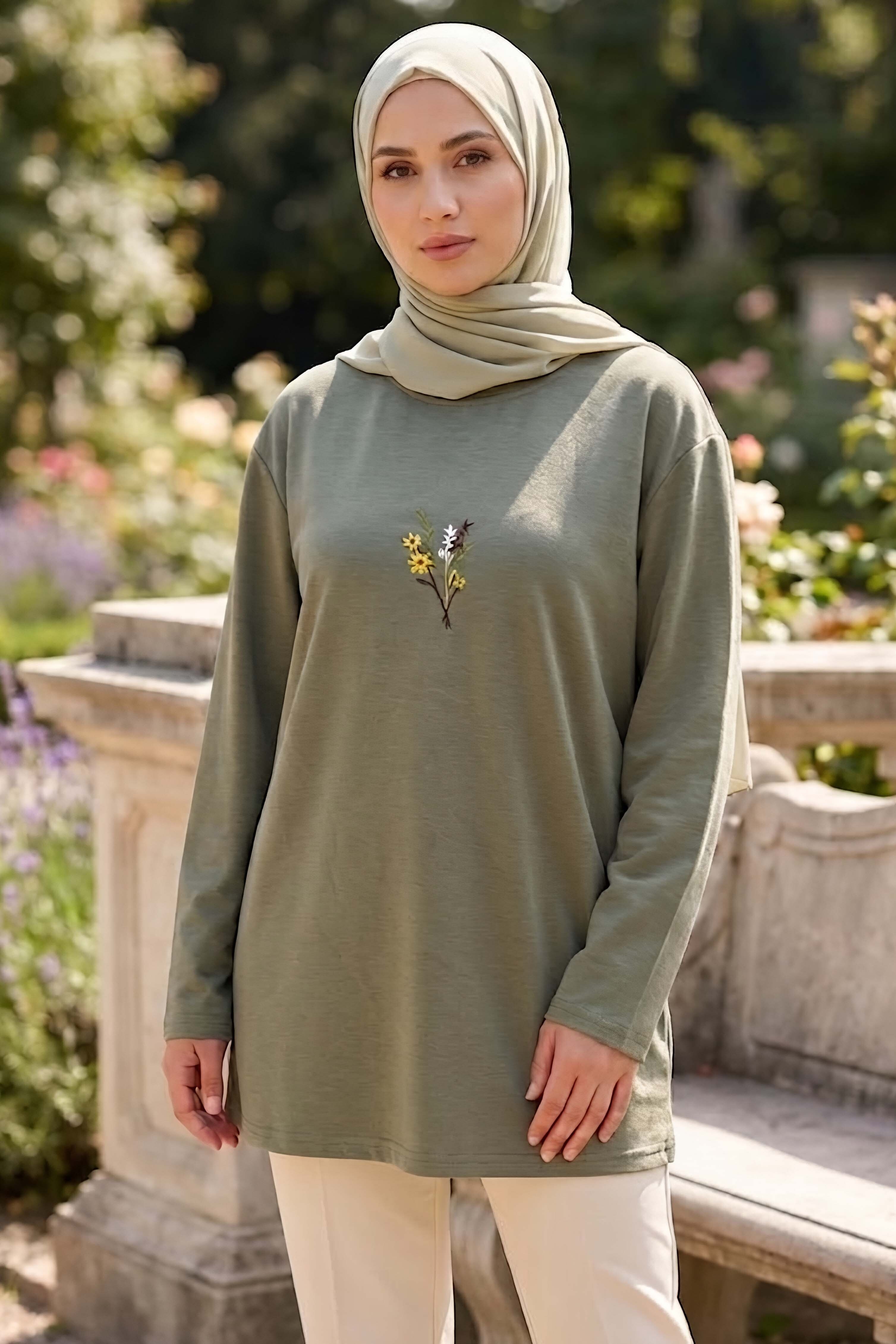 Nakışlı Detaylı Modal Tunik Haki - 28864-HAKI - 1