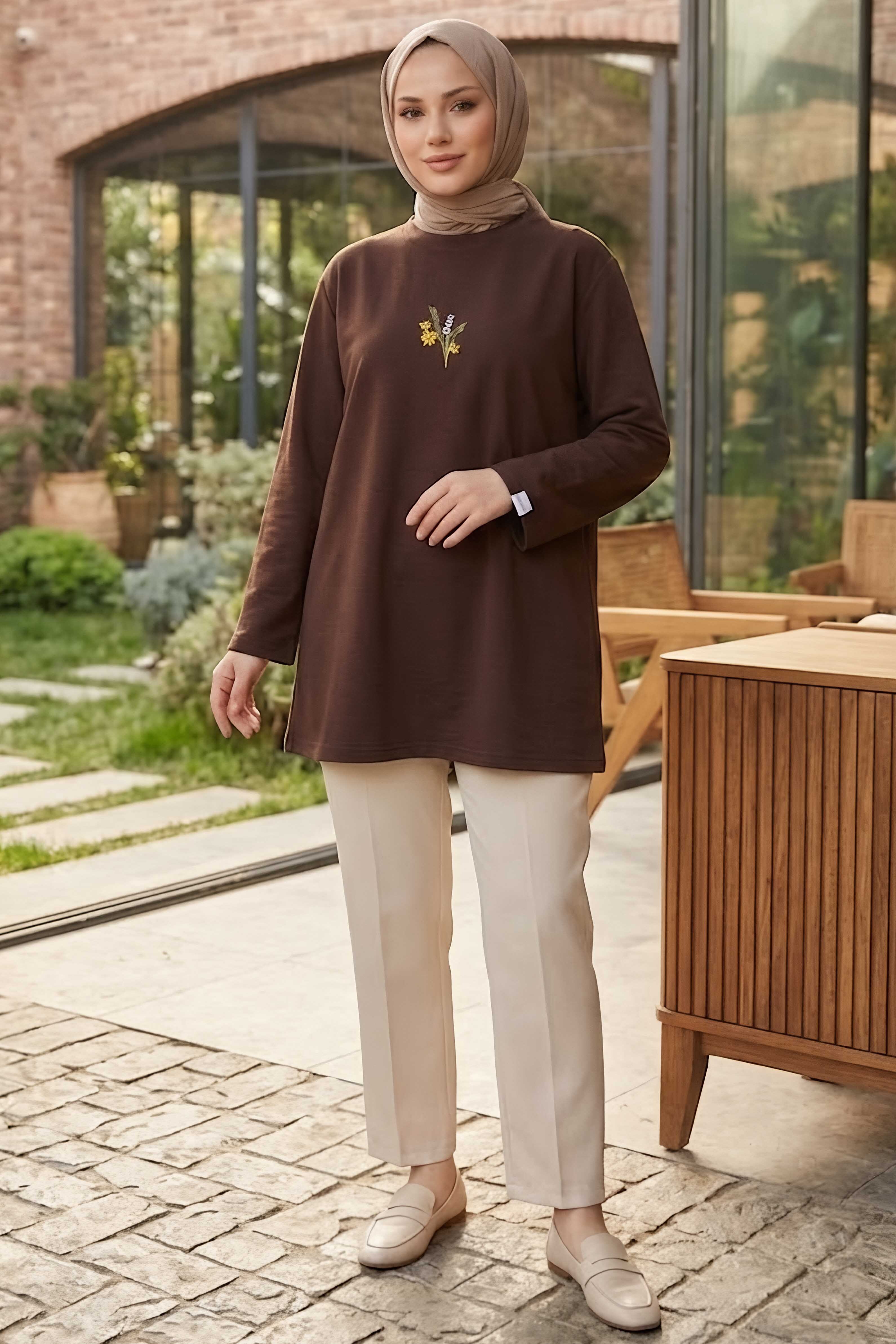 Nakışlı Detaylı Modal Tunik Kahve - 28864-KAHVE - 2