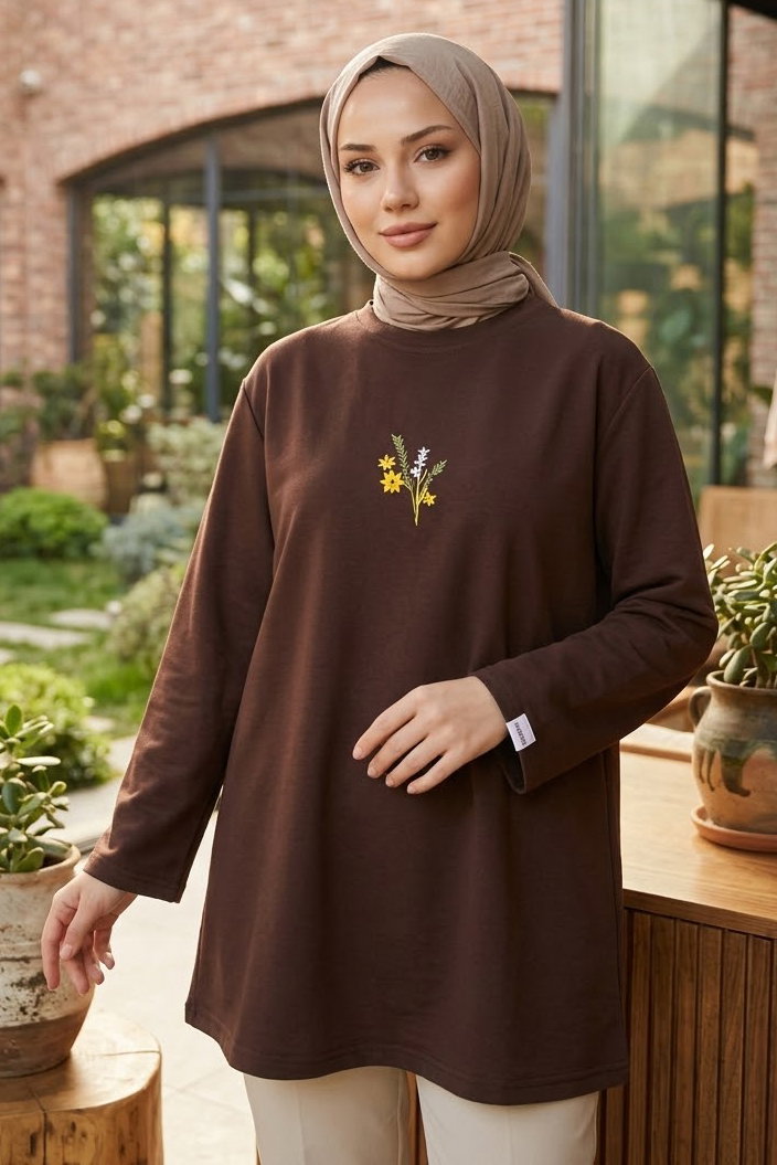 Nakışlı Detaylı Modal Tunik Kahve - 28864-KAHVE - 1