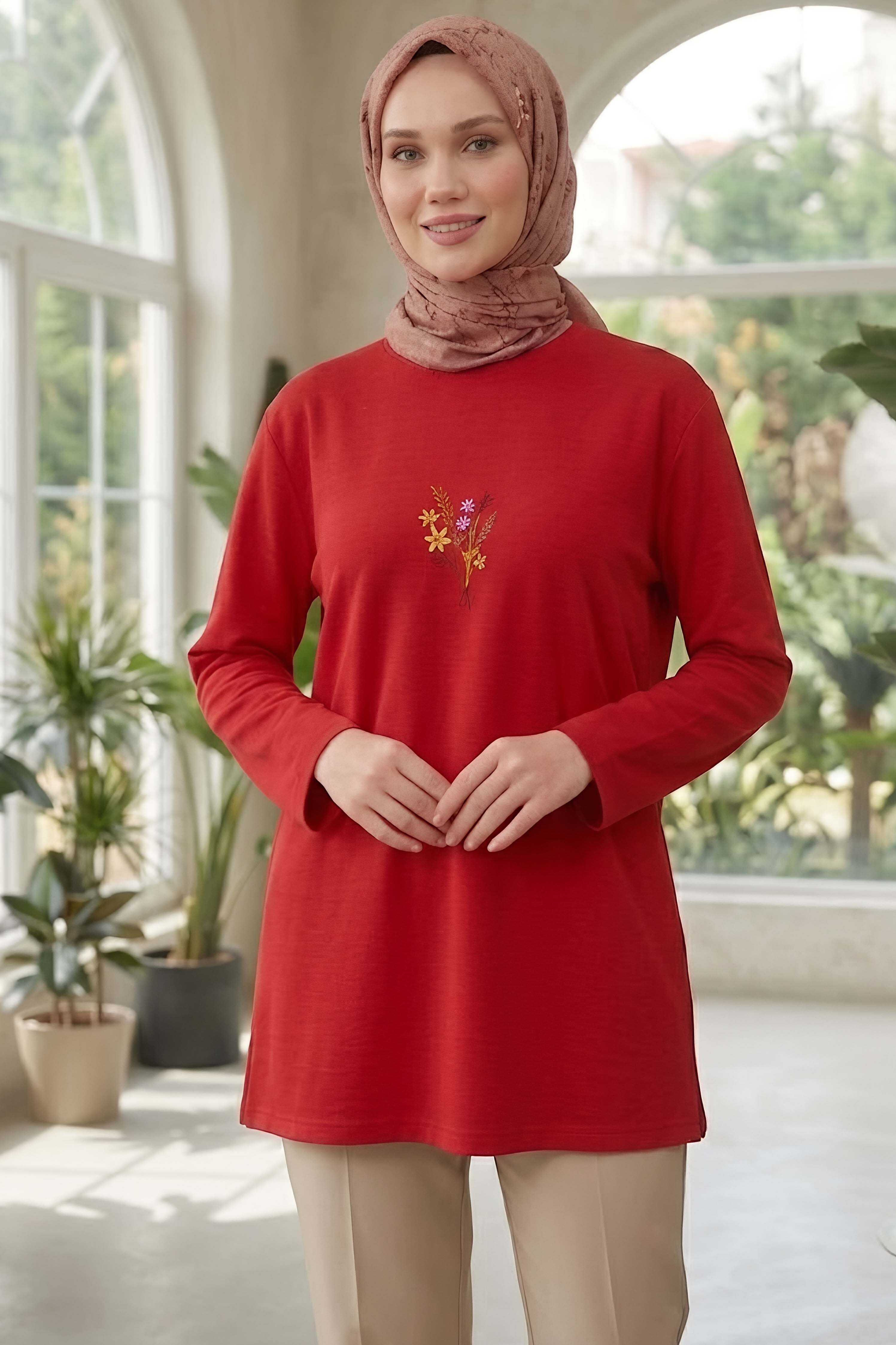 Nakışlı Detaylı Modal Tunik Kirmizi - 28864-KIRMIZI - 1