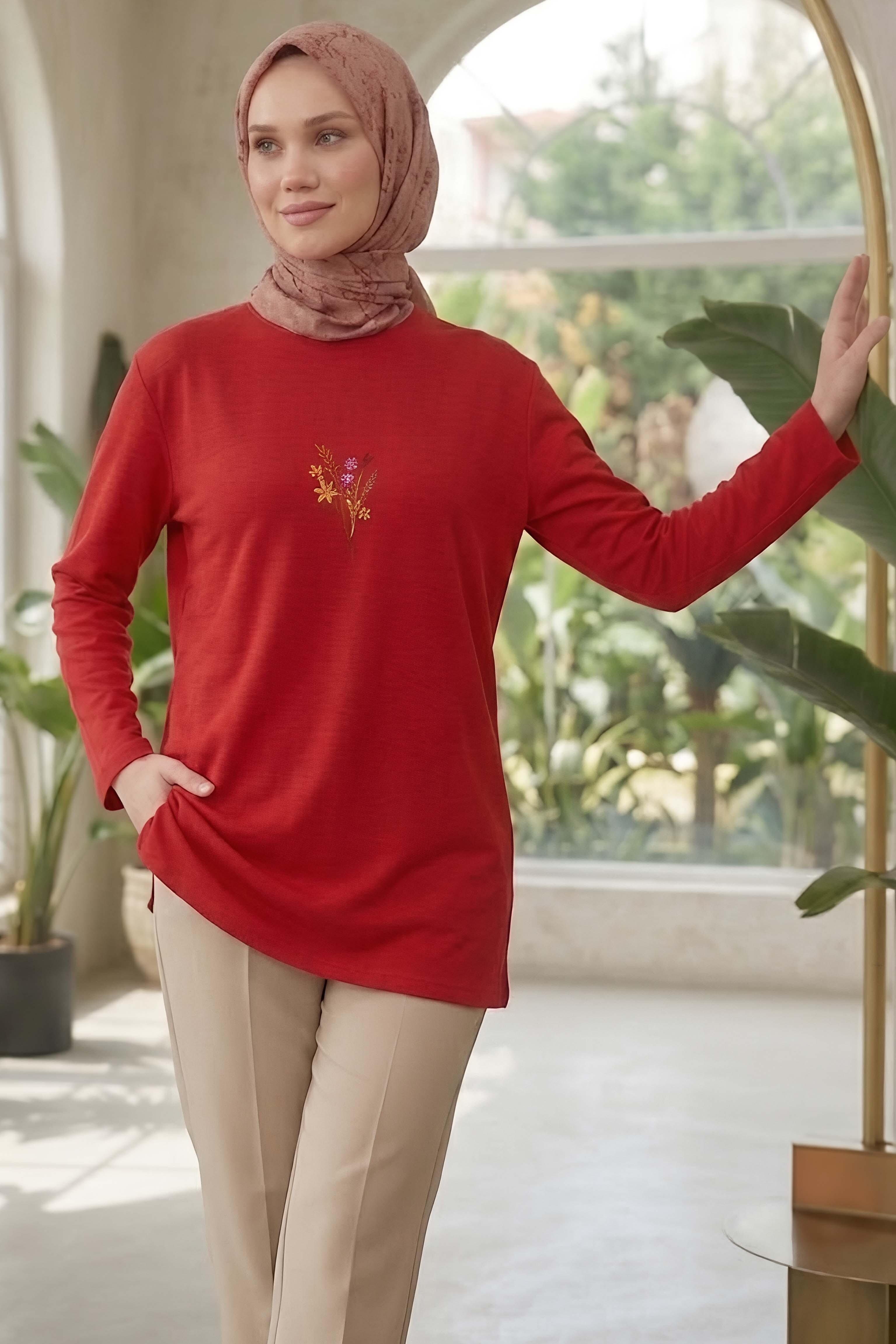 Nakışlı Detaylı Modal Tunik Kirmizi - 28864-KIRMIZI - 2