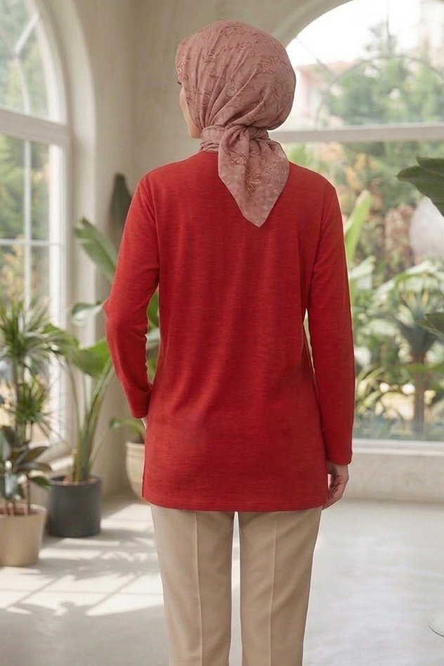 Nakışlı Detaylı Modal Tunik Kirmizi - 28864-KIRMIZI - 3