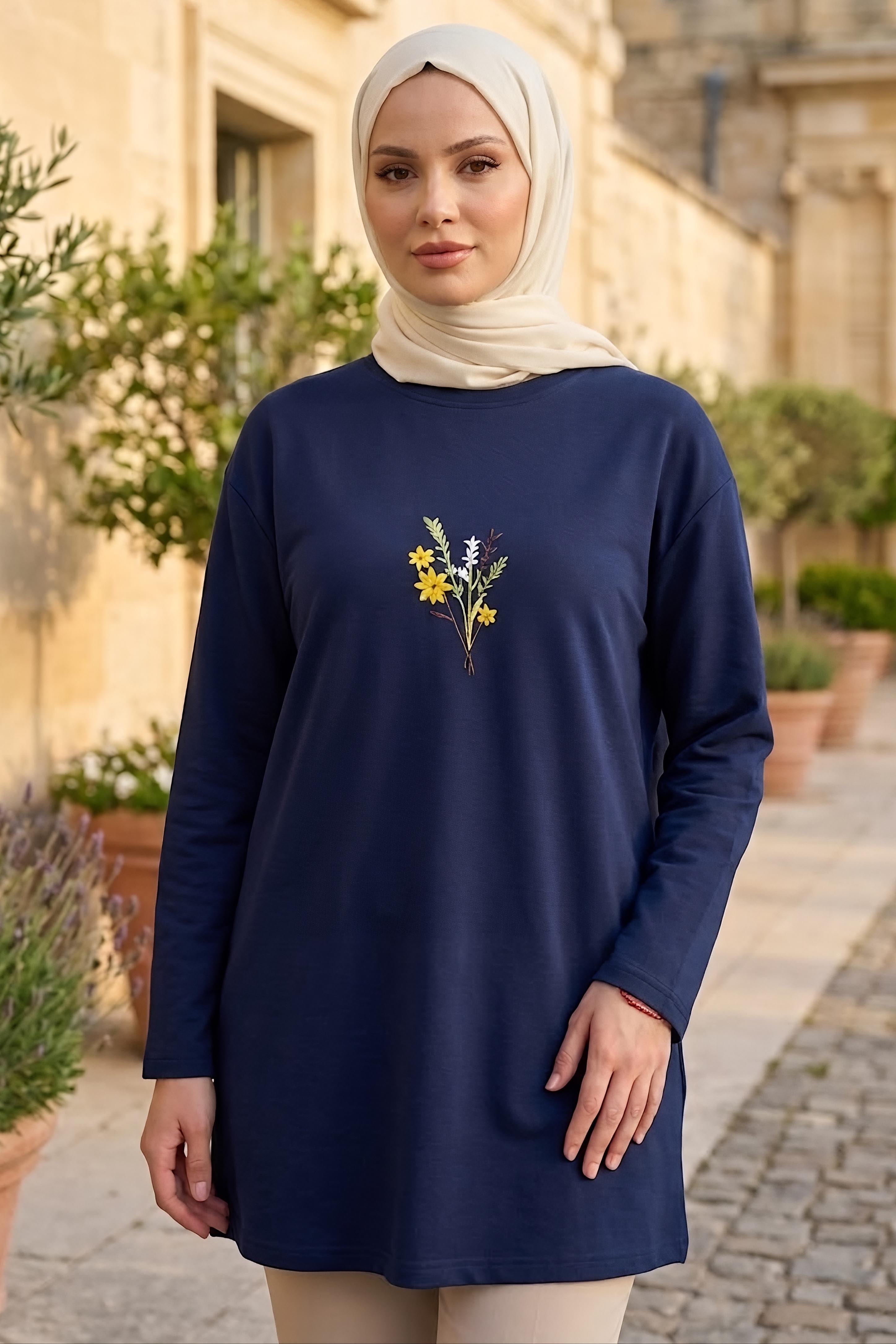 Nakışlı Detaylı Modal Tunik Lacivert - 28864-LACIVERT - 2