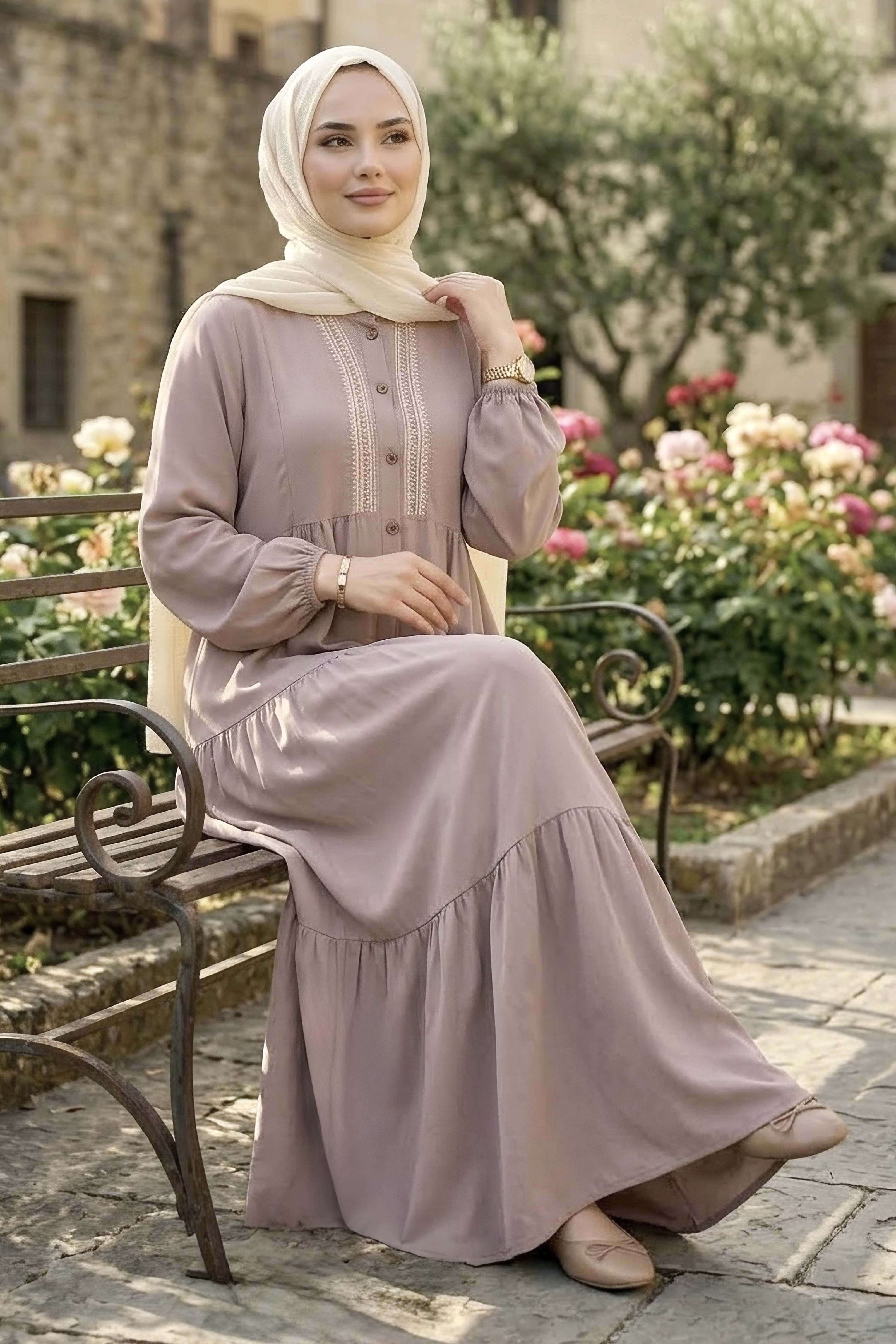 Nakışlı Düğmeli Dokuma Viskon Elbise - 28326-BEJ - 1