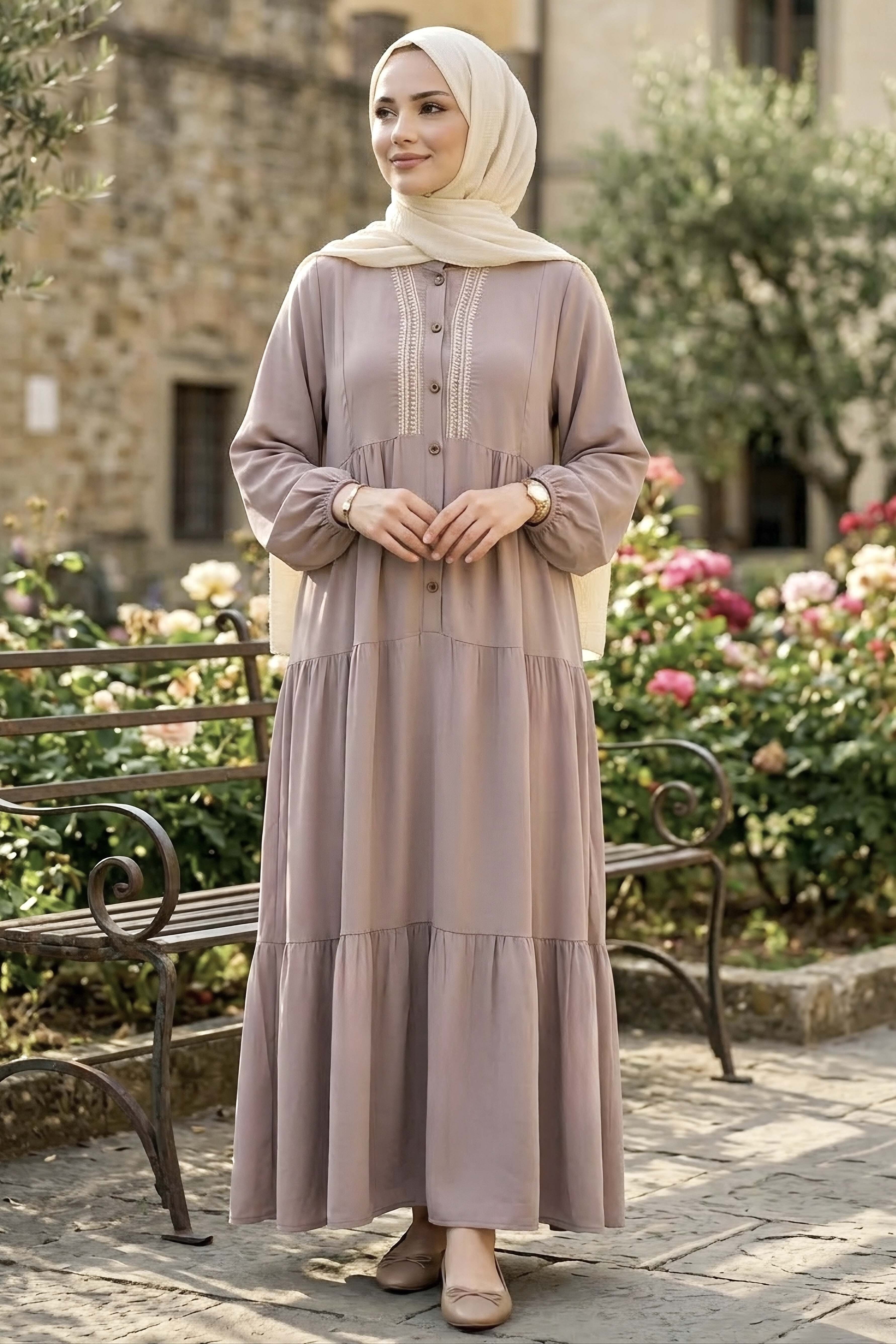 Nakışlı Düğmeli Dokuma Viskon Elbise - 28326-BEJ - 2