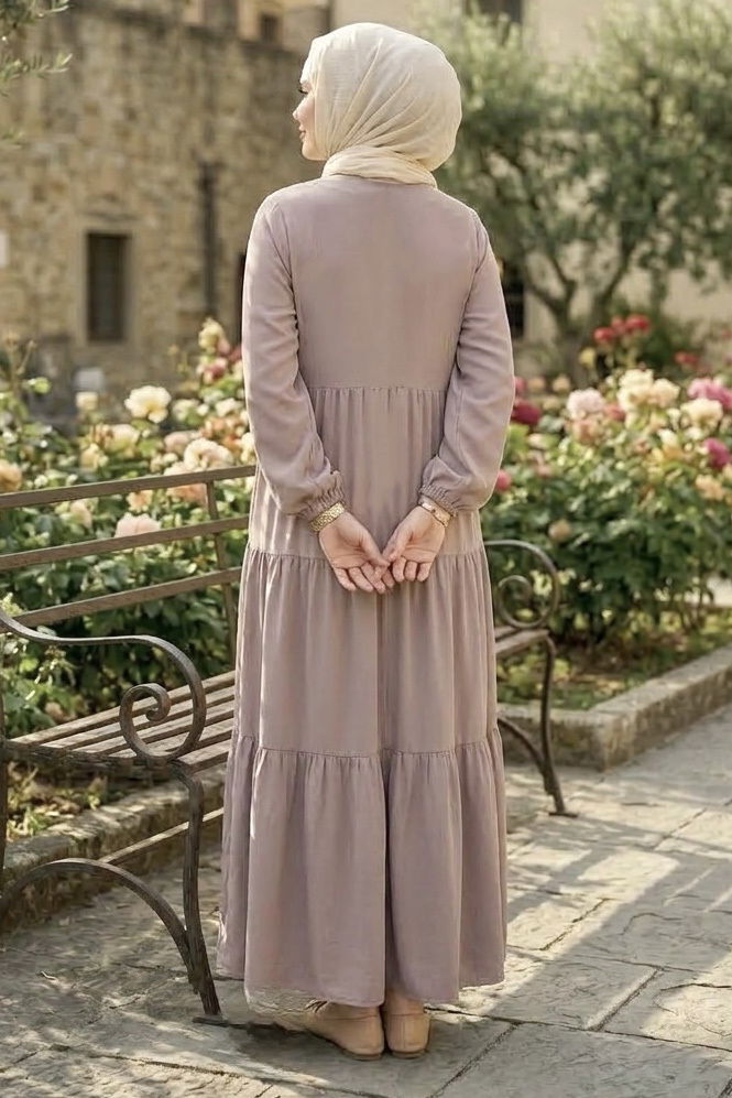 Nakışlı Düğmeli Dokuma Viskon Elbise - 28326-BEJ - 3