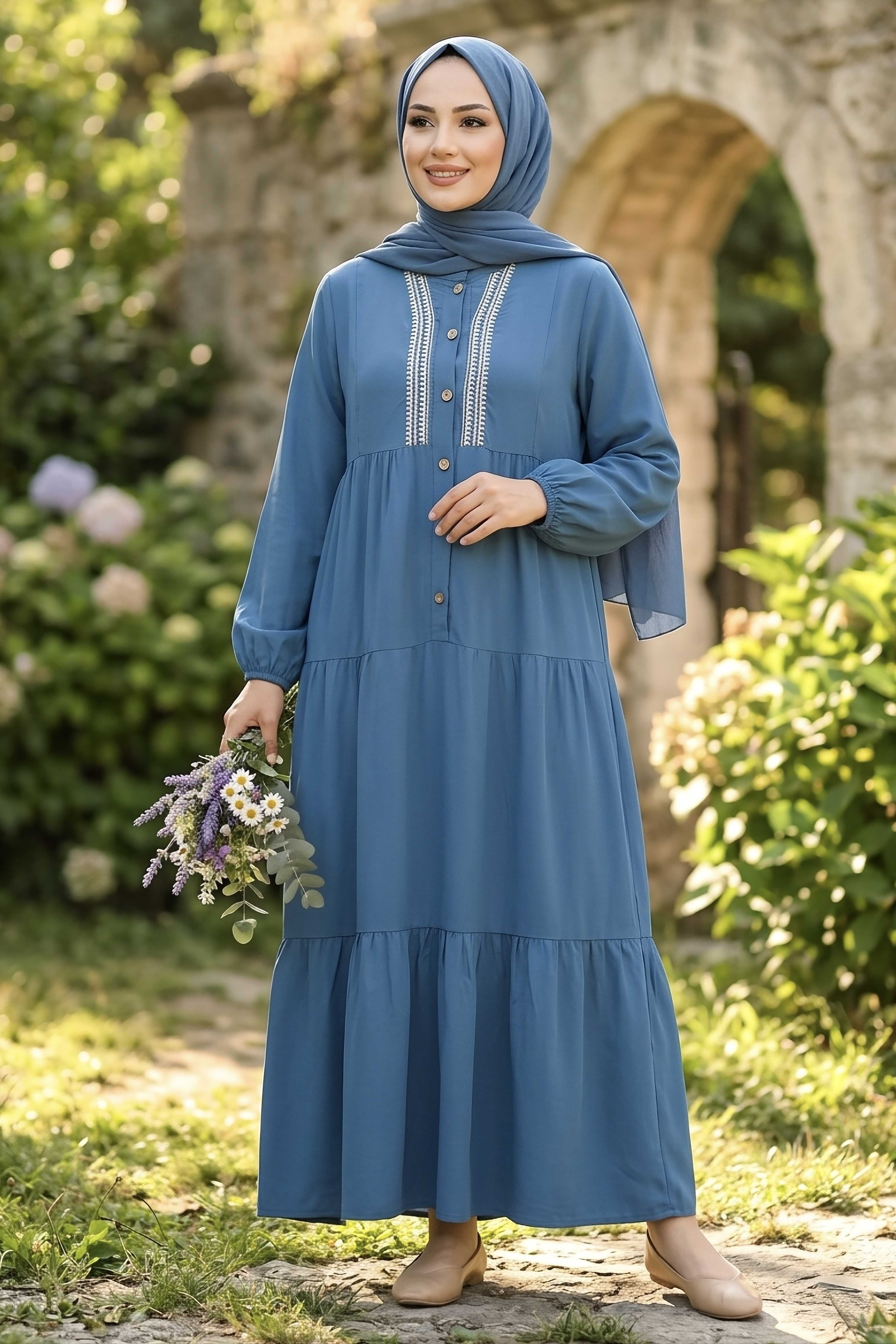 Nakışlı Düğmeli Dokuma Viskon Elbise - 28326-INDIGO - 2