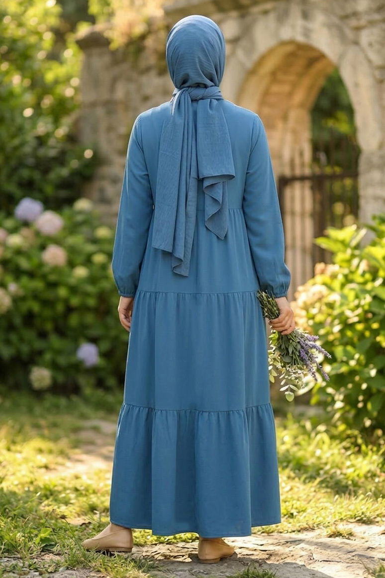 Nakışlı Düğmeli Dokuma Viskon Elbise - 28326-INDIGO - 3