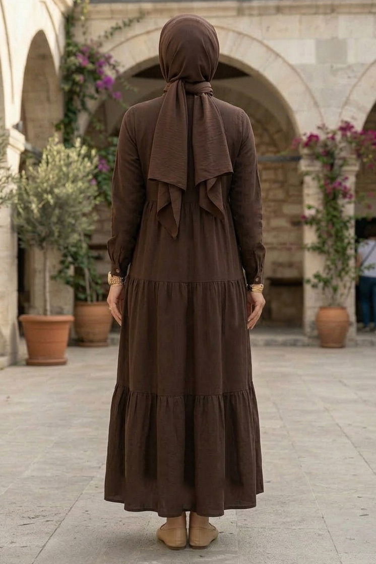 Nakışlı Düğmeli Dokuma Viskon Elbise - 28326-KAHVE - 3