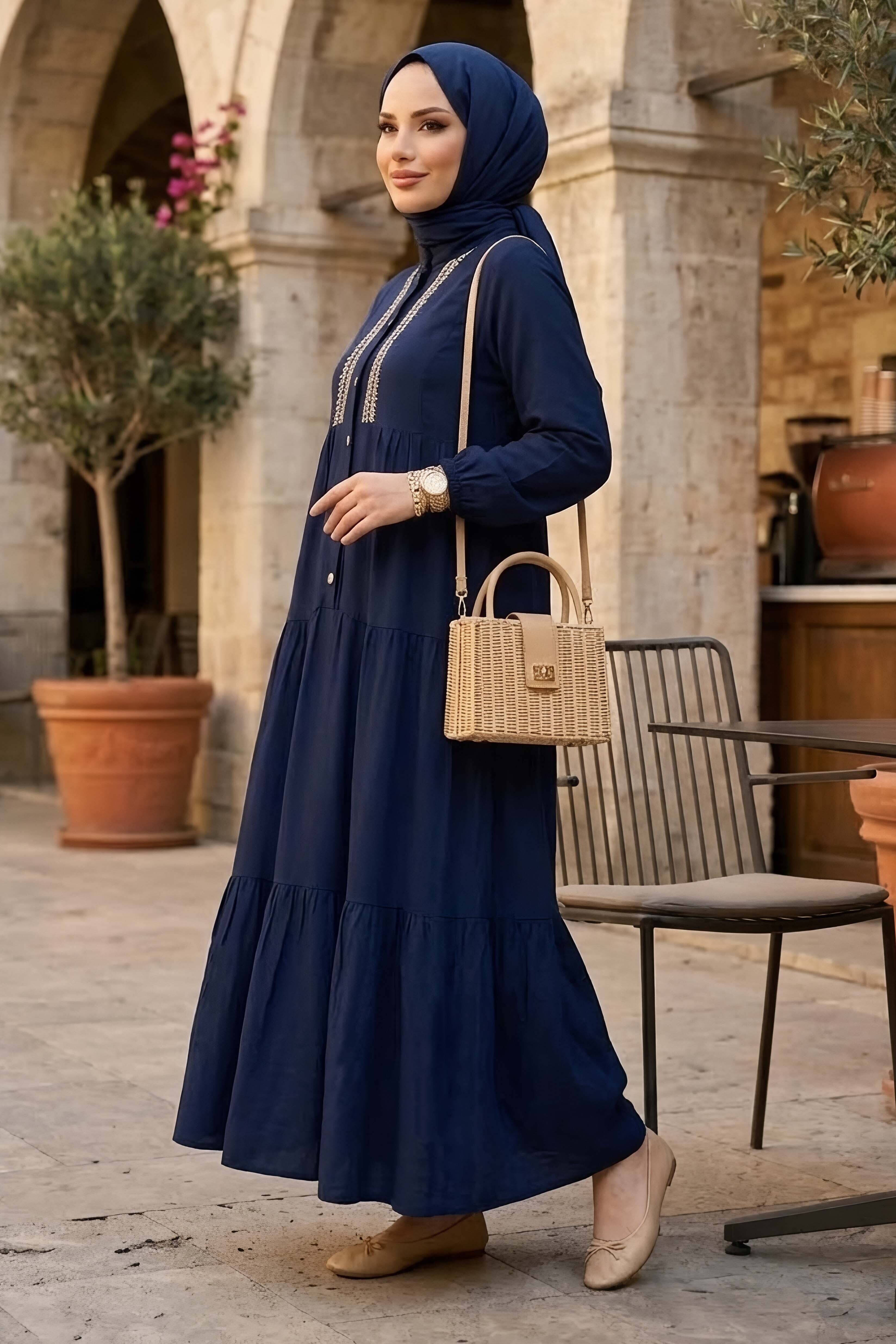 Nakışlı Düğmeli Dokuma Viskon Elbise - 28326-LACIVERT - 2