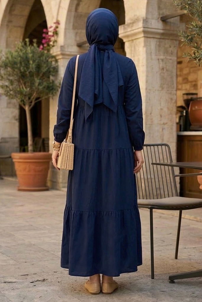 Nakışlı Düğmeli Dokuma Viskon Elbise - 28326-LACIVERT - 3