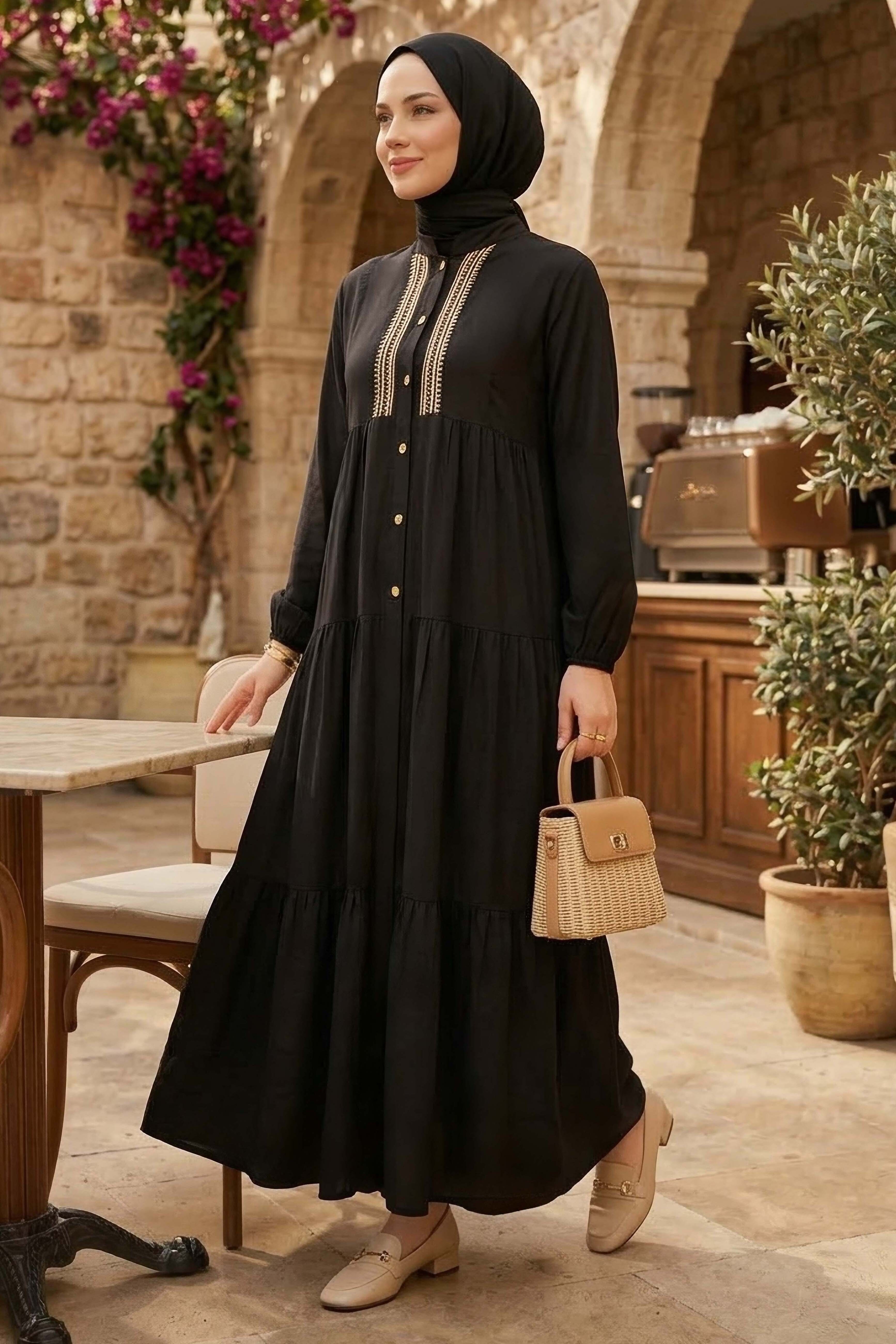 Nakışlı Düğmeli Dokuma Viskon Elbise - 28326-SIYAH - 1