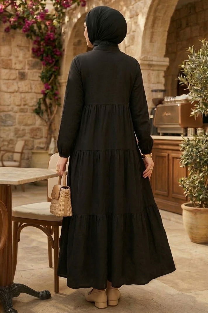 Nakışlı Düğmeli Dokuma Viskon Elbise - 28326-SIYAH - 3