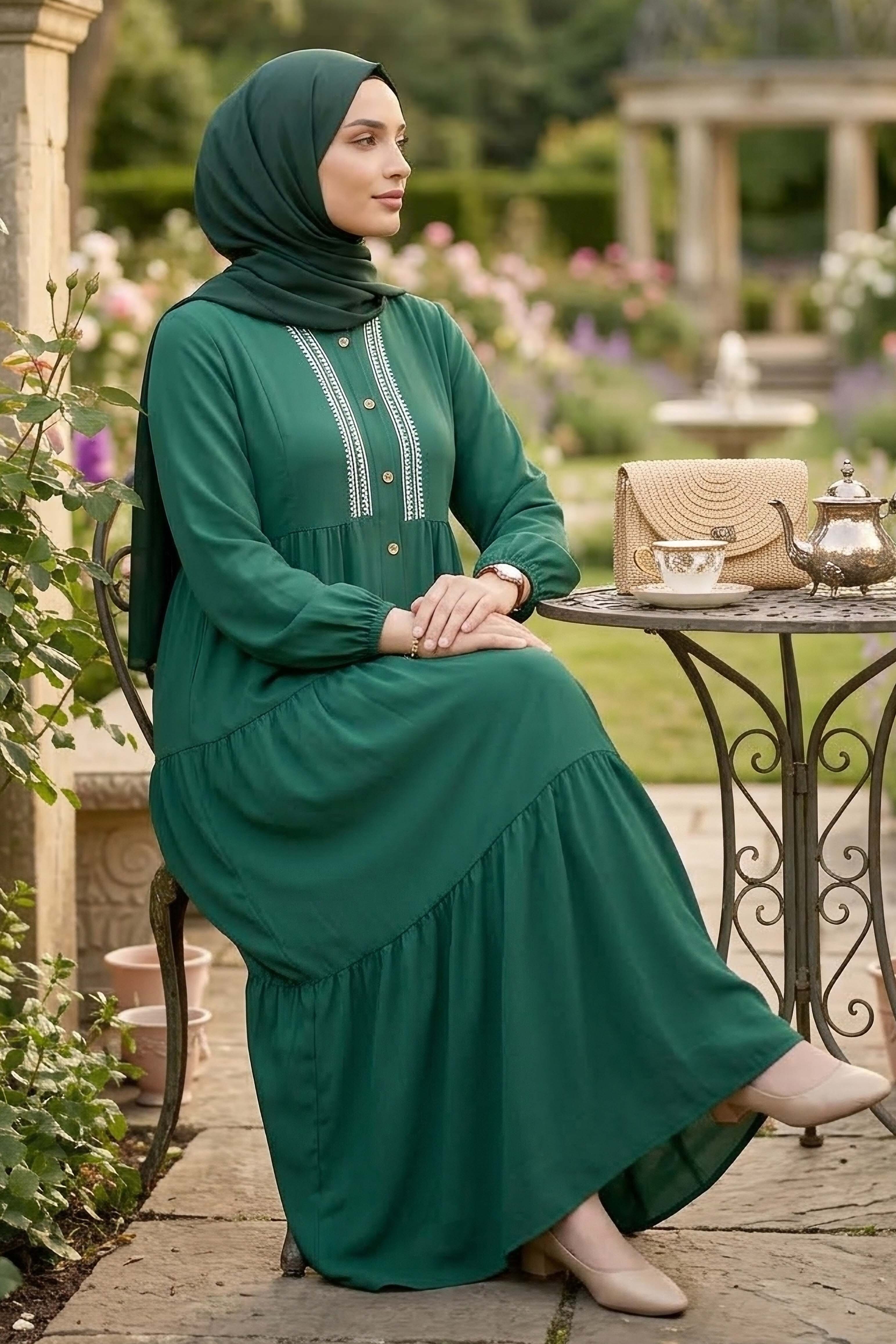 Nakışlı Düğmeli Dokuma Viskon Elbise - 28326-ZUMRUT - 1