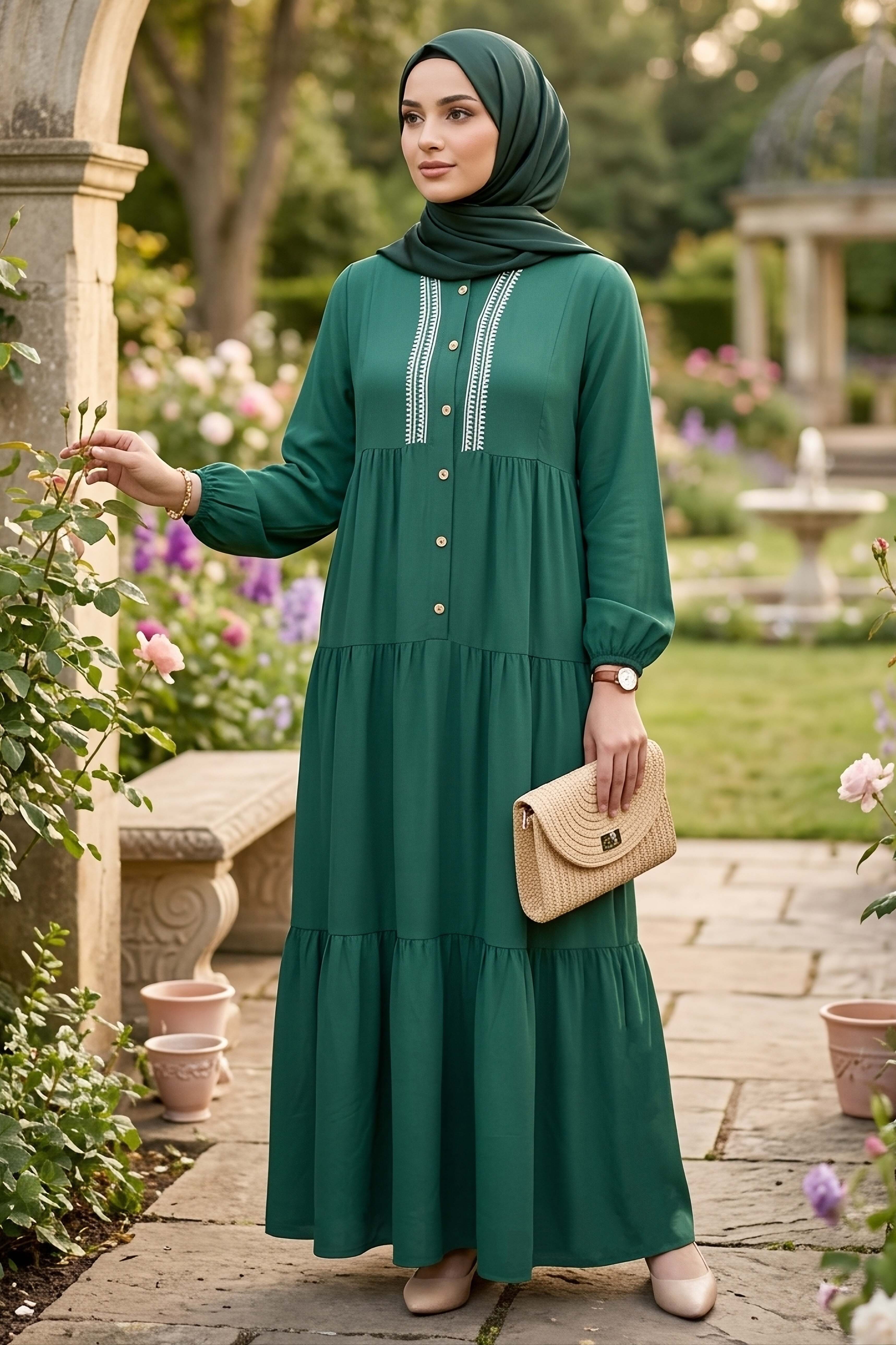 Nakışlı Düğmeli Dokuma Viskon Elbise - 28326-ZUMRUT - 2