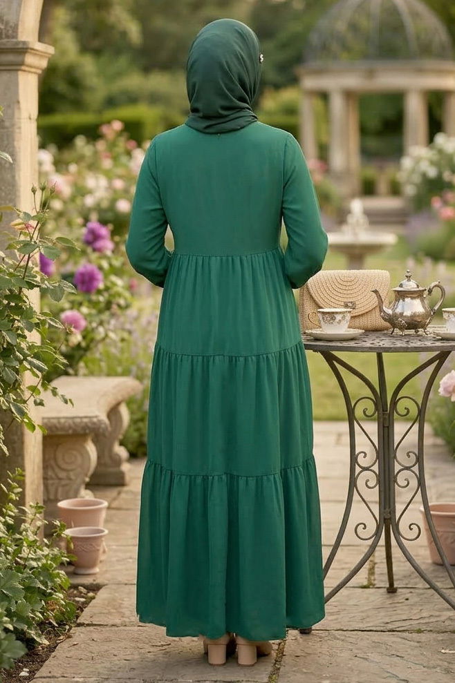 Nakışlı Düğmeli Dokuma Viskon Elbise - 28326-ZUMRUT - 3