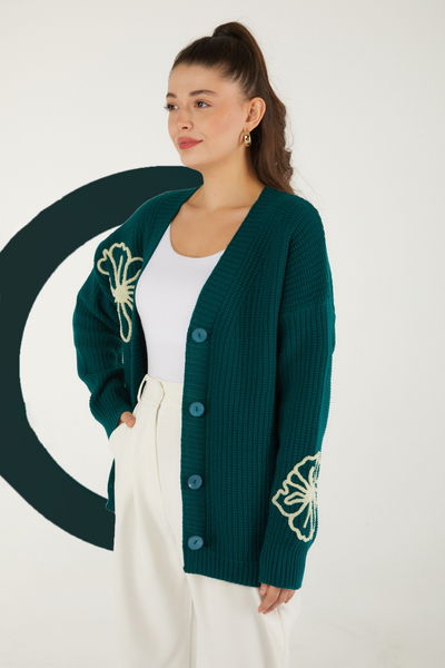 Nakışlı Düğmeli Triko Hırka - 27629 