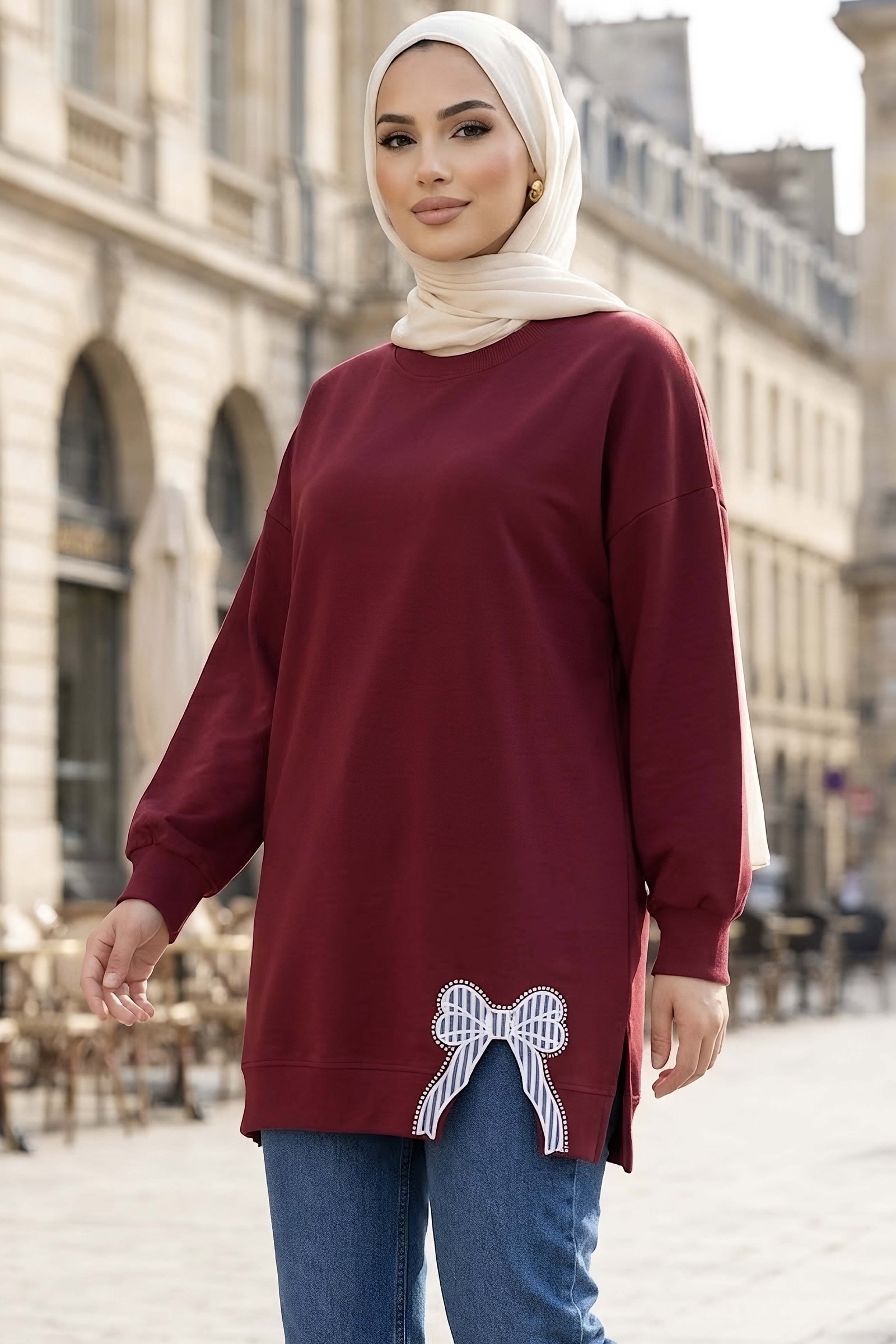 Nakışlı Fiyonk Detaylı Tunik Bordo - 28777-BORDO - 2