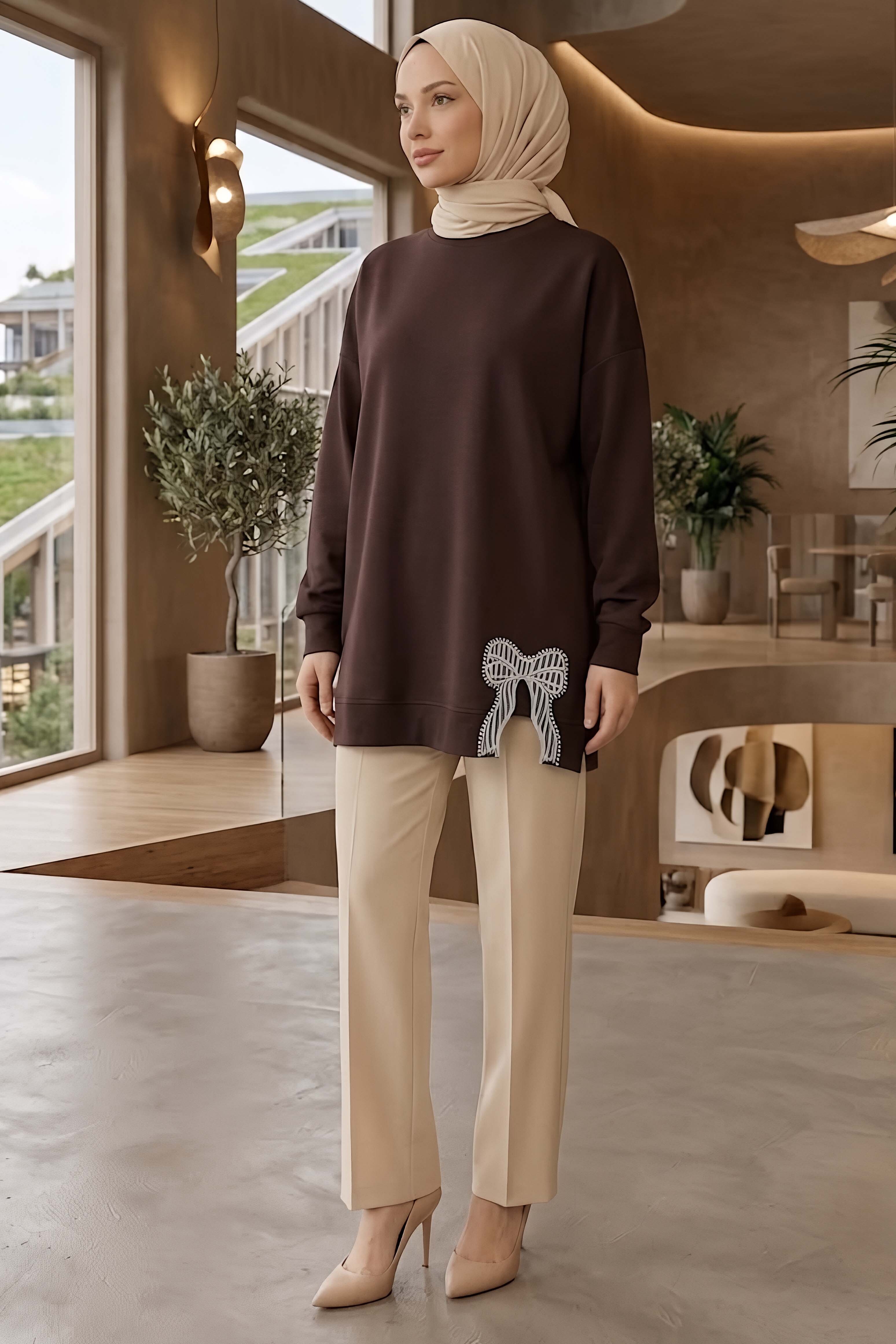 Nakışlı Fiyonk Detaylı Tunik Kahve - 28777-KAHVE - 1