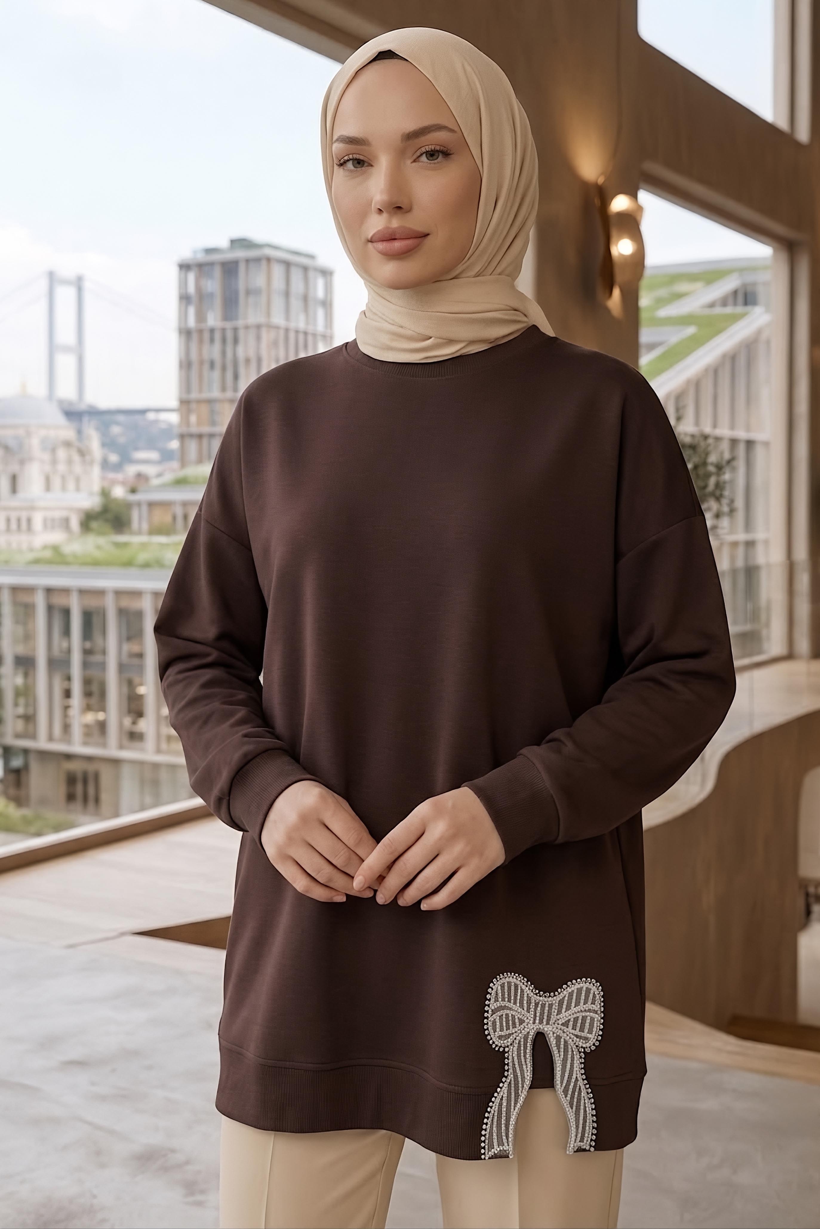 Nakışlı Fiyonk Detaylı Tunik Kahve - 28777-KAHVE - 2