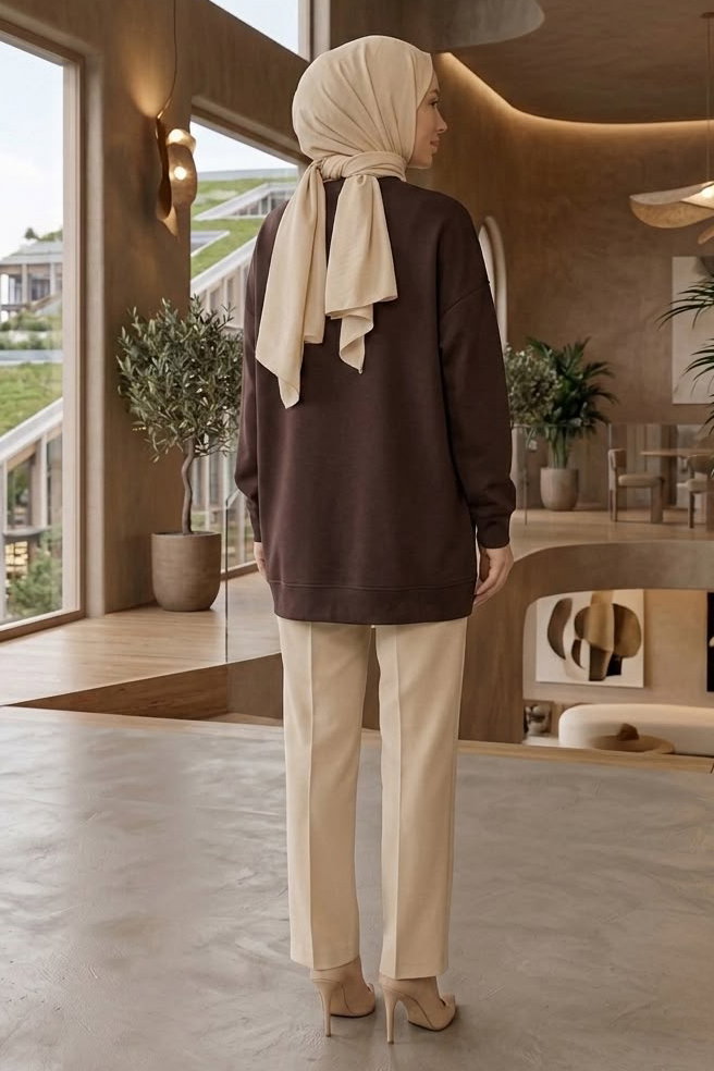 Nakışlı Fiyonk Detaylı Tunik Kahve - 28777-KAHVE - 3