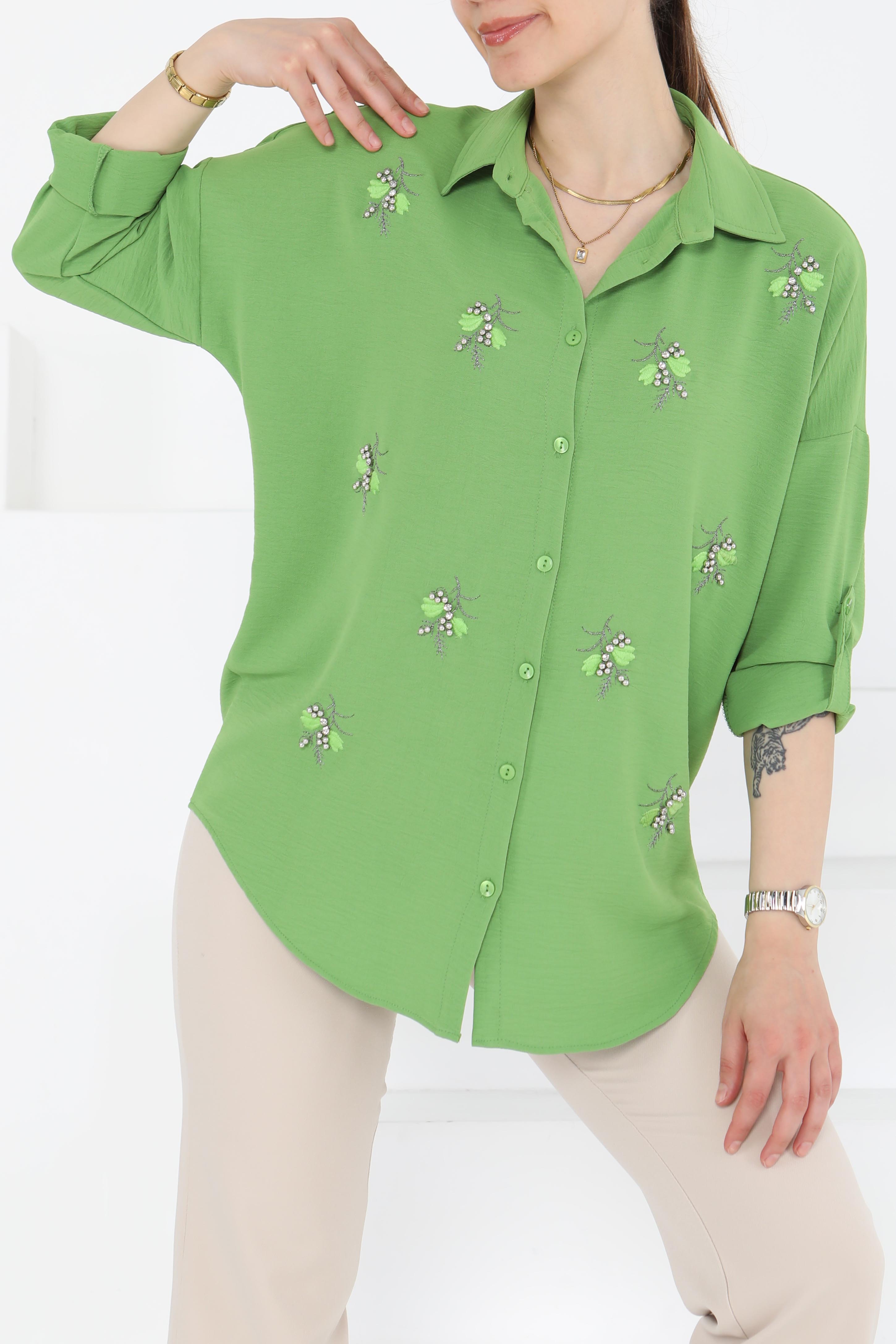 Nakışlı İncili Gömlek Yesil - 27244 - 1
