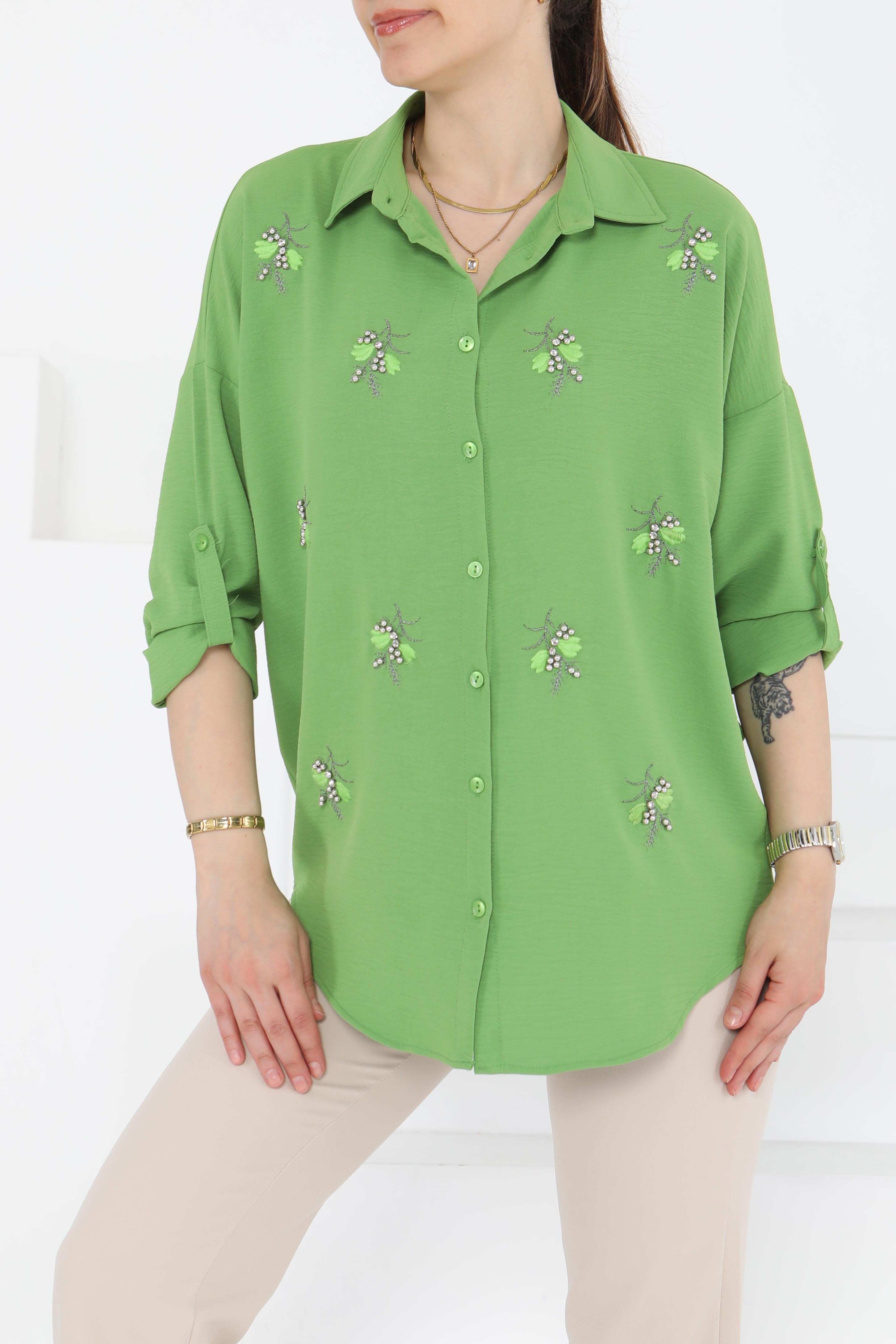 Nakışlı İncili Gömlek Yesil - 27244 - 3