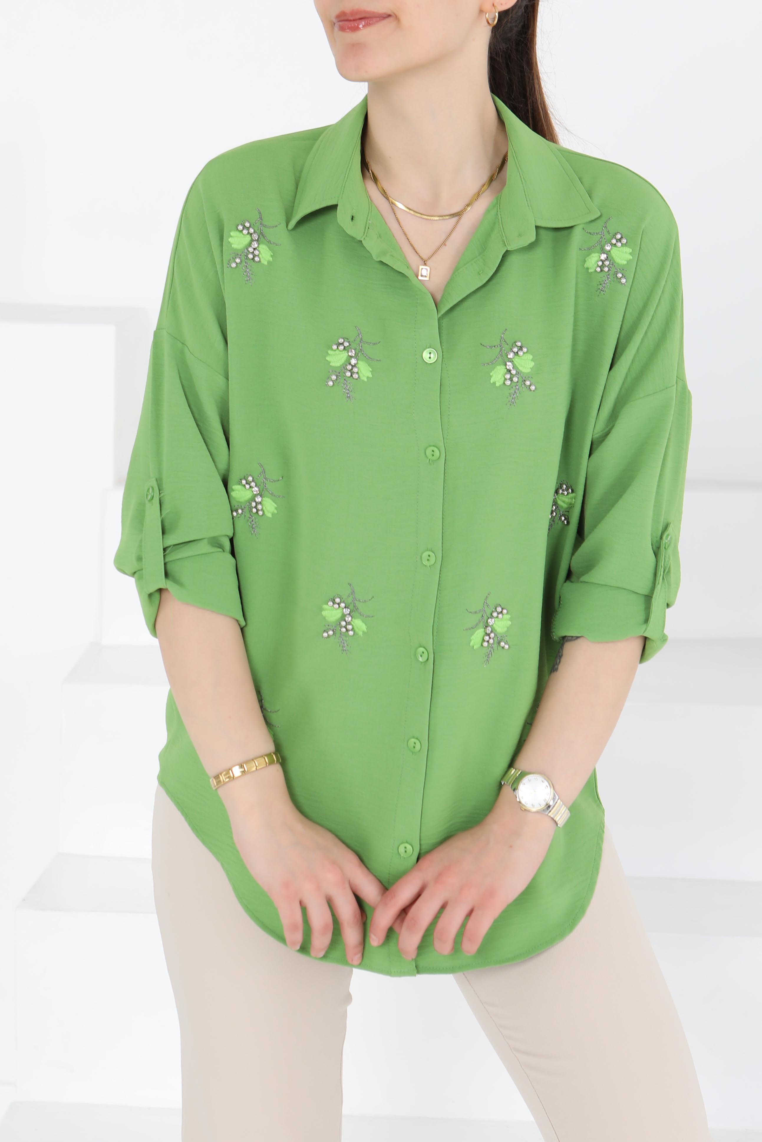 Nakışlı İncili Gömlek Yesil - 27244 - 4