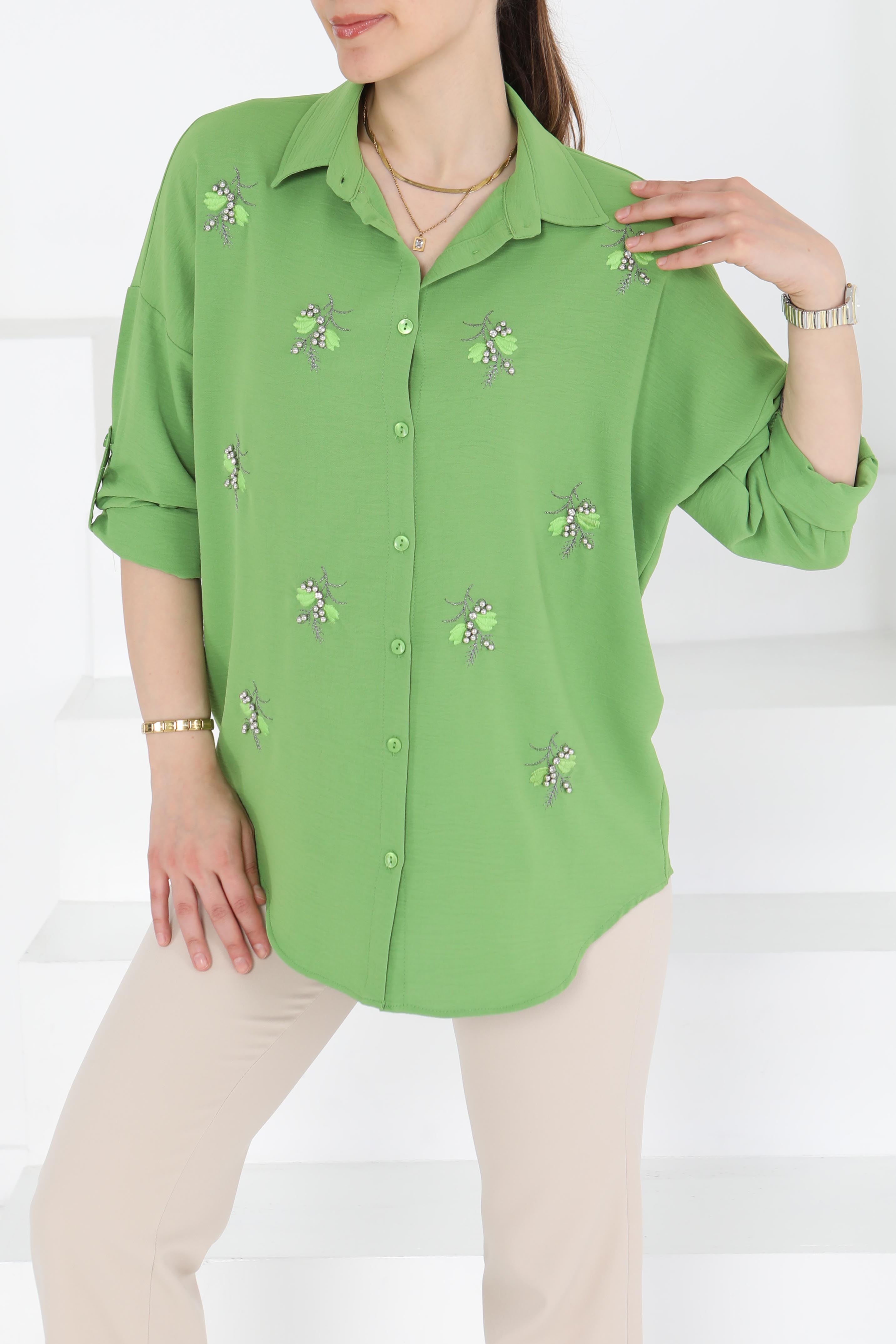 Nakışlı İncili Gömlek Yesil - 27244 - 5