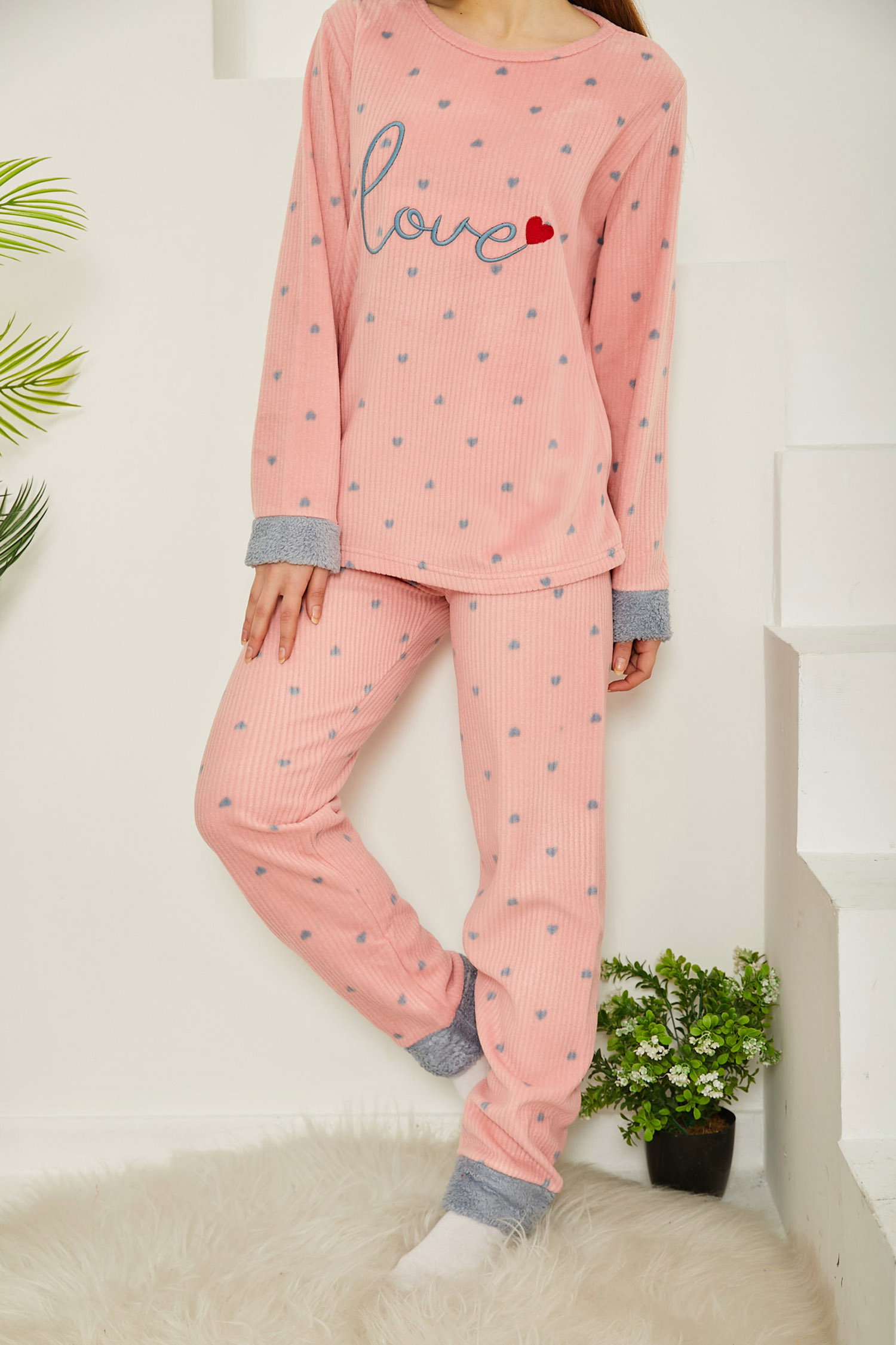 Nakışlı Peluş Polar Pijama Takım - 26774 - 1