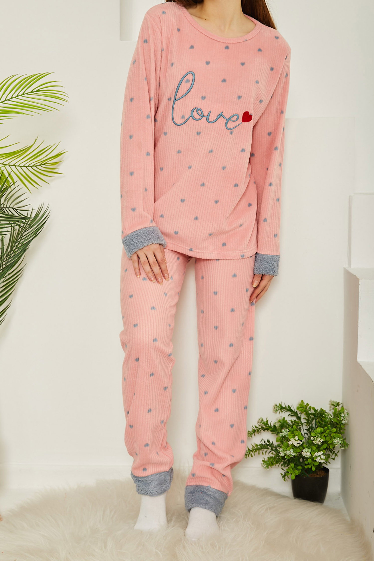 Nakışlı Peluş Polar Pijama Takım - 26774 - 2