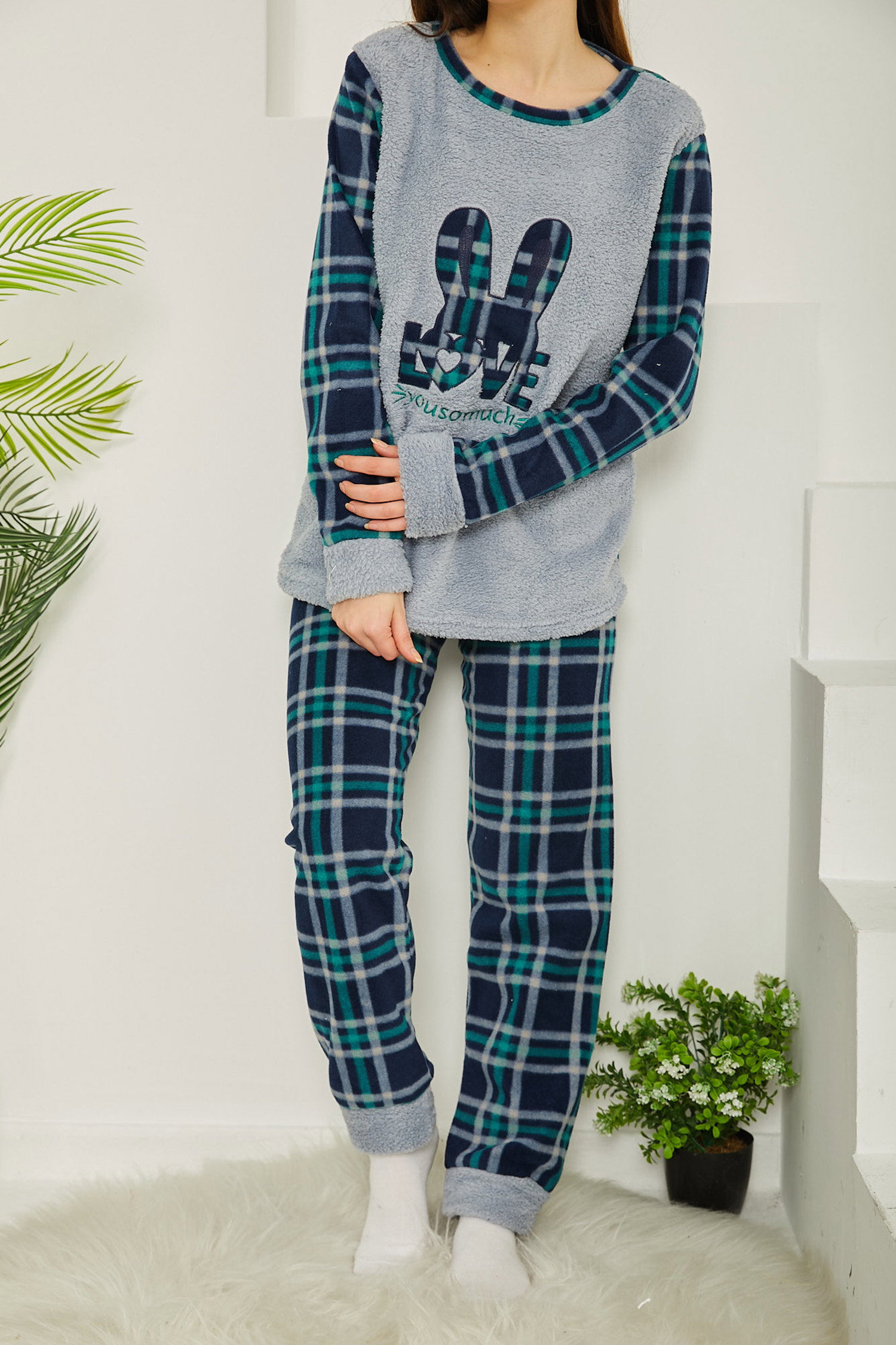 Nakışlı Peluş Polar Pijama Takım - 26776 - 3
