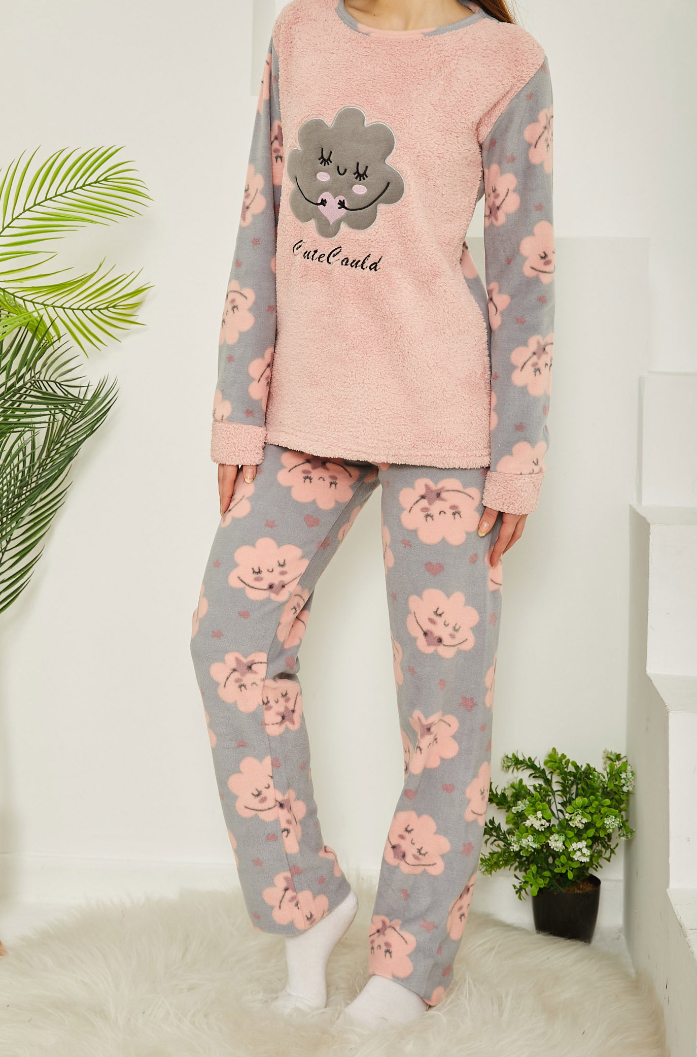 Nakışlı Peluş Polar Pijama Takım - 26784 - 1