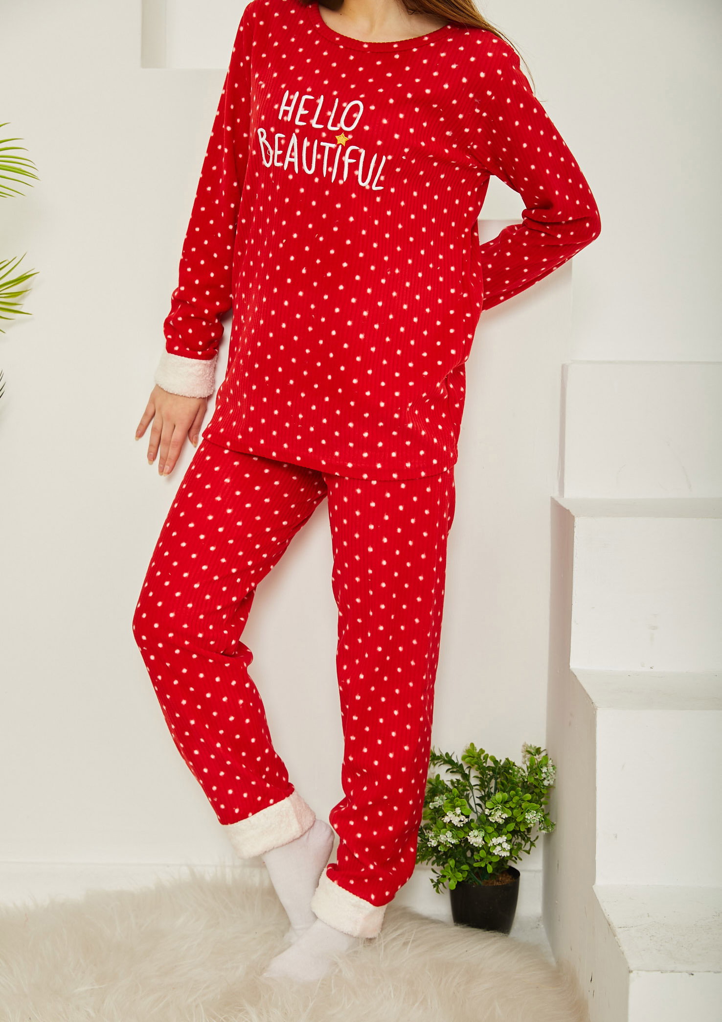 Nakışlı Peluş Polar Pijama Takım Kirmizi - 26782 - 2