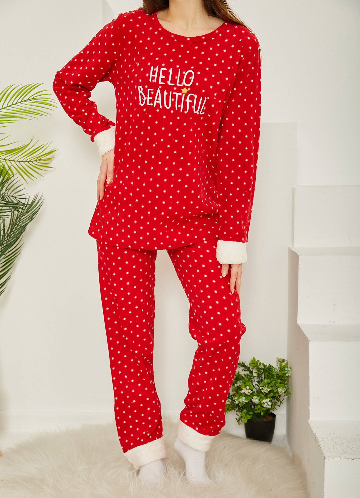 Nakışlı Peluş Polar Pijama Takım Kirmizi - 26782 - 3