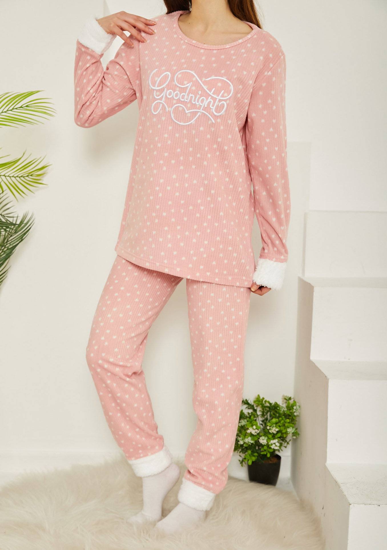 Nakışlı Peluş Polar Pijama Takım Pudra - 26780 - 1