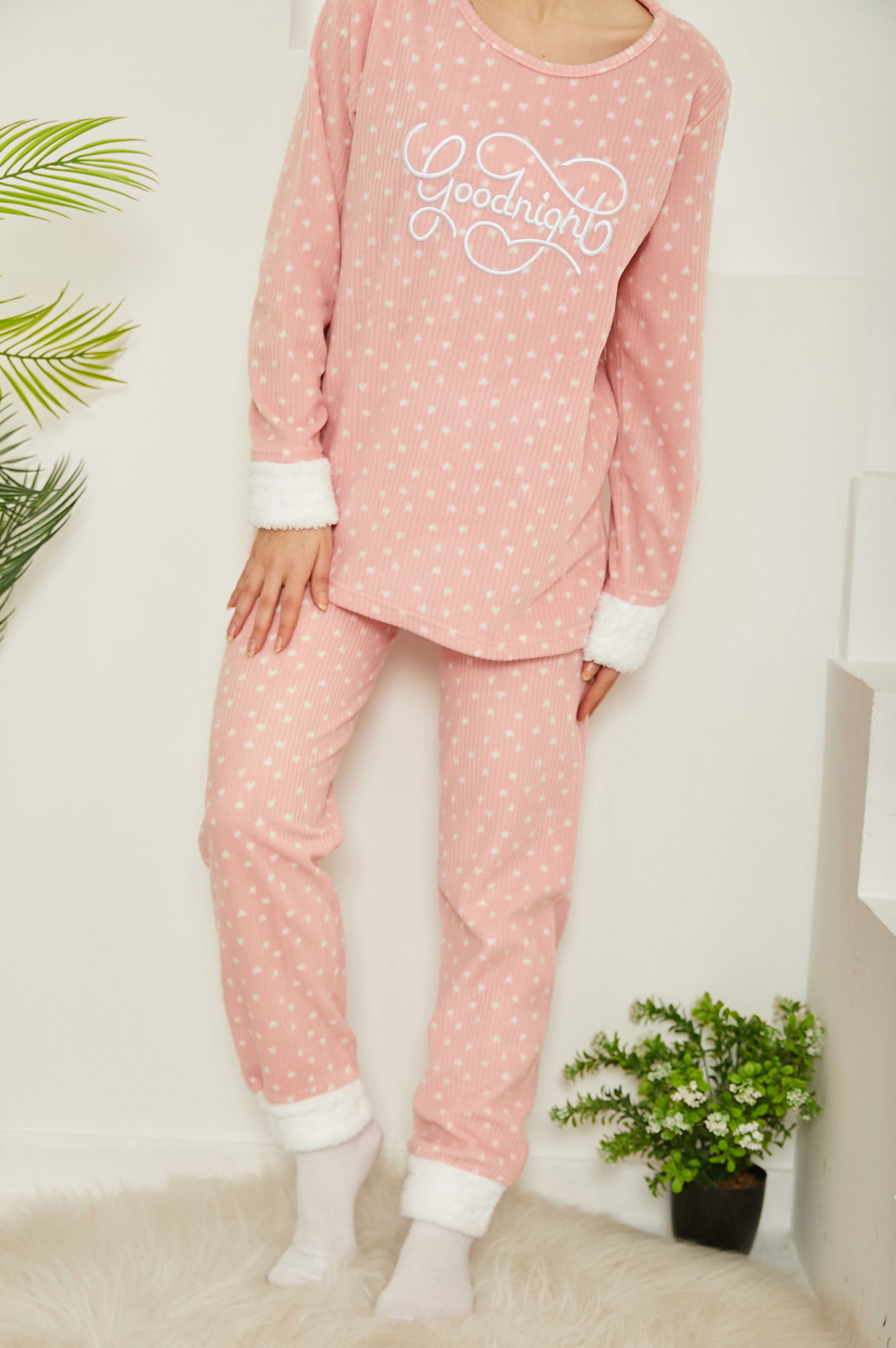 Nakışlı Peluş Polar Pijama Takım Pudra - 26780 - 2