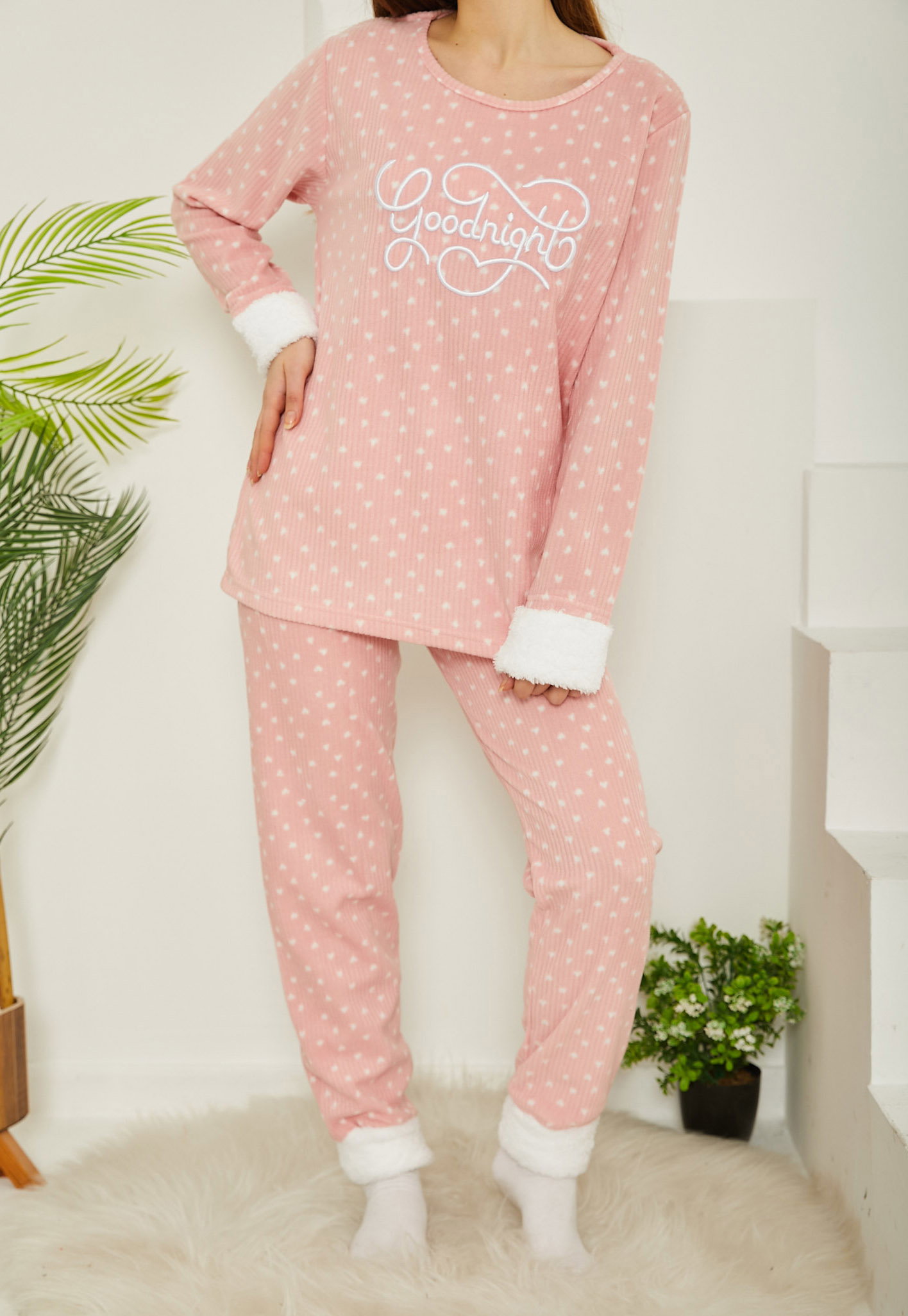 Nakışlı Peluş Polar Pijama Takım Pudra - 26780 - 3